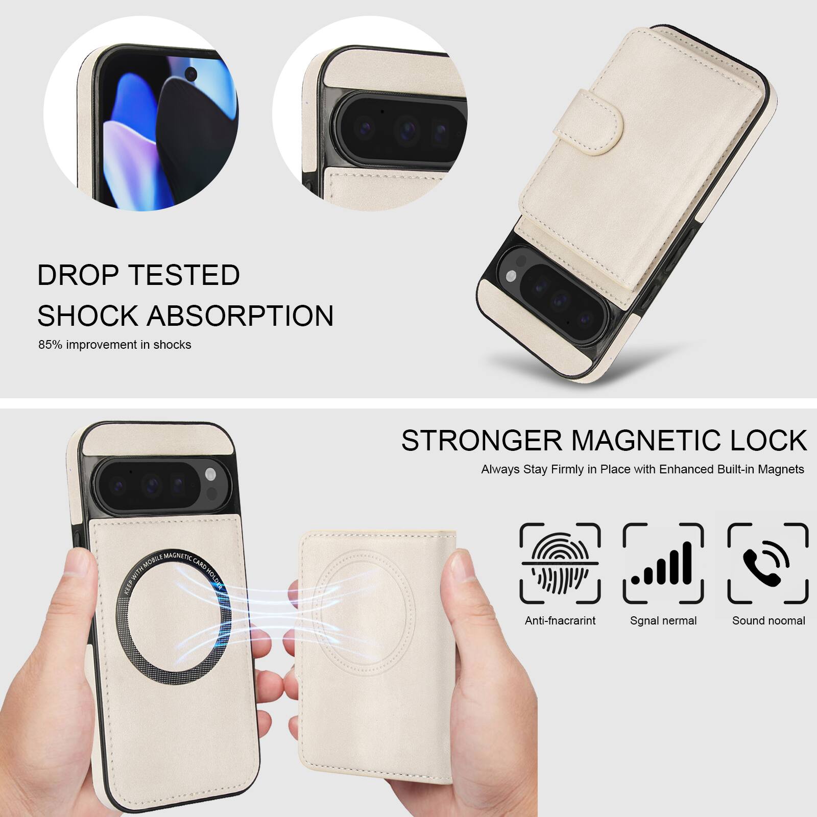 DROP TESTED  
SHOCK ABSORPTION  
85% improvement in shocks  

STRONGER MAGNETIC LOCK  
Always Stay Firmly in Place with Enhanced Built-in Magnets  

Anti-fingerprint  
Signal normal  
Sound normal