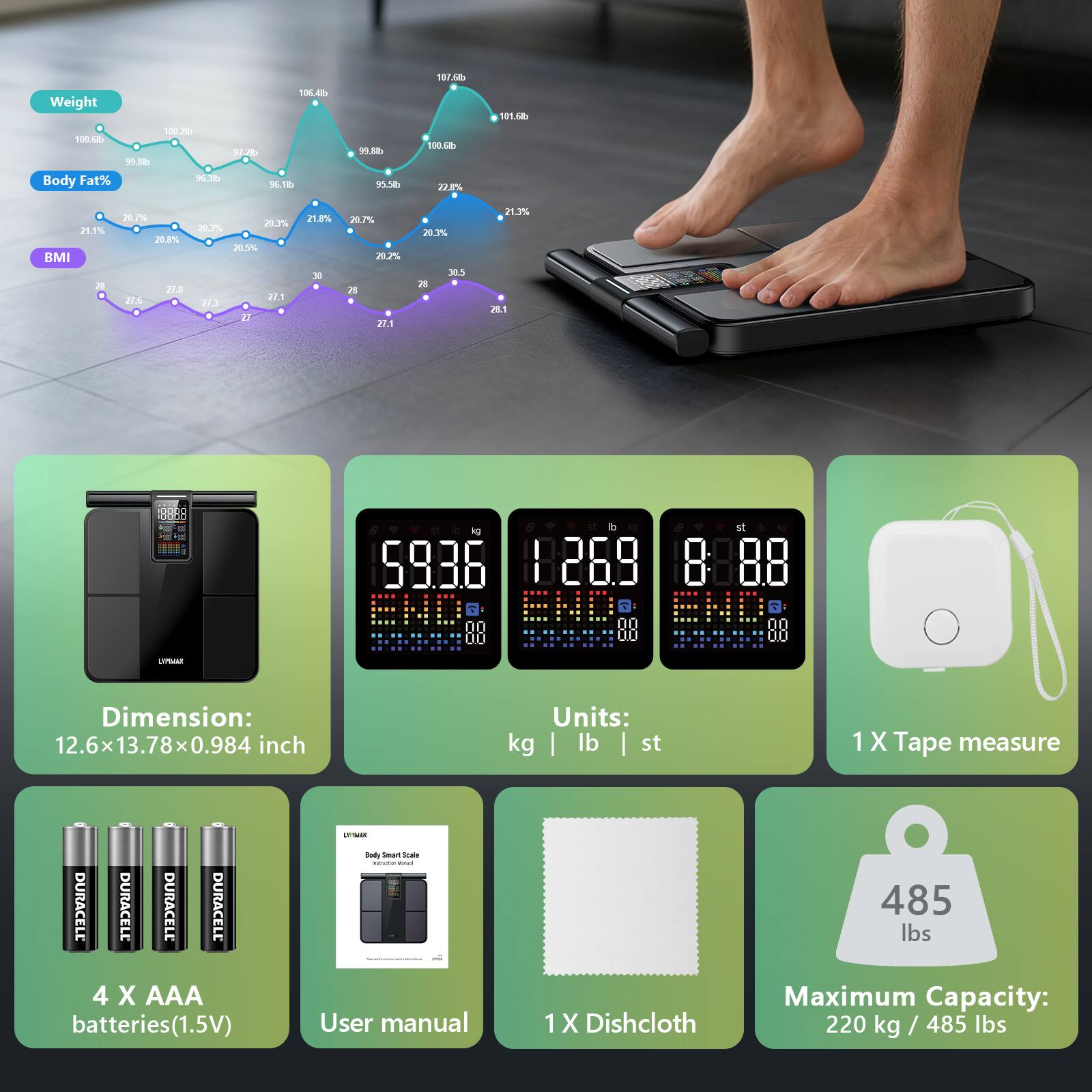 106.4lb Weight 100.2lb 100.6lb 97.2% 99.8lb Body Fat% 96.3lb 96.1lb  
99.8lb 55.5lb  
107.6lb 100.5lb 22.8%  
101.6lb 21.1% BMI 20  
20.7% 20.3% 20.3% 20.8% 20.5% 27.8 27.5 27.1 27.3 21  
21.8% 30  
20.7% 20.2% 28 27.1  
20.3% 30.5 28  
21.3% 28.1  
1000  
"  
"  
LYPWAR  
Dimension: 12.6x13.78x0.984 inch  
Units: kg lb st  
1X Tape measure  
DURACELL DUR