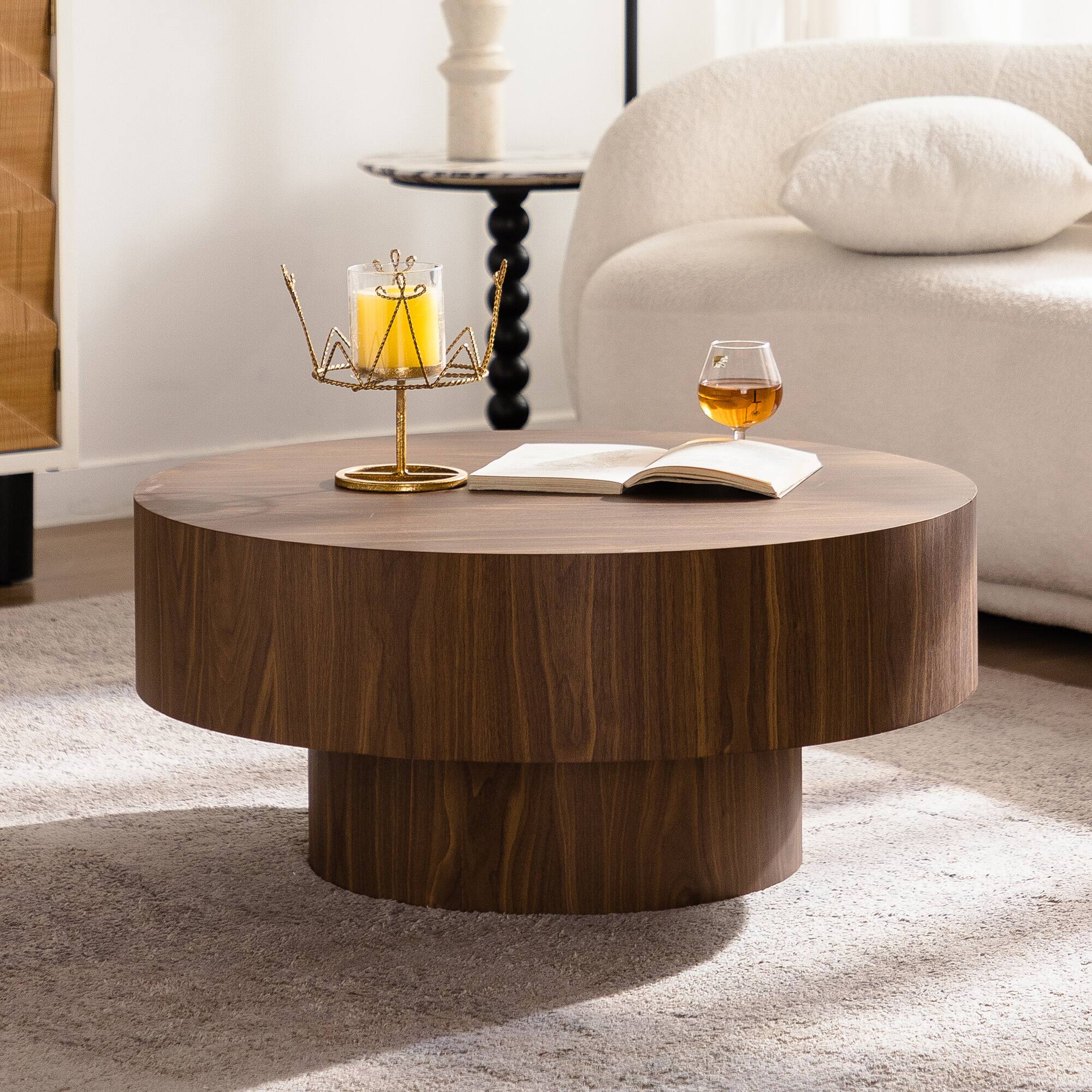 Angle. APRILSOUL - Round Wood Coffee Table Living Room Walnut Bedroom Office - White.