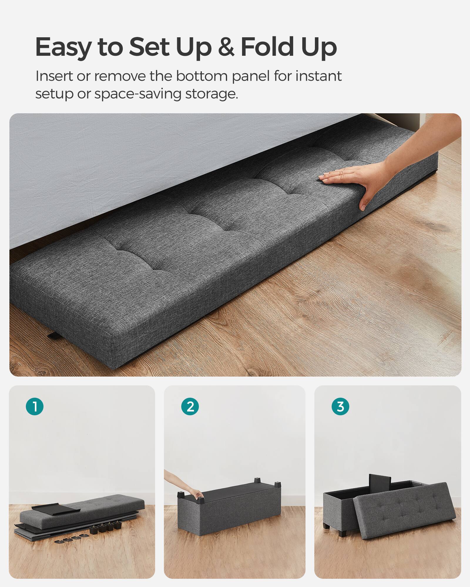 Easy to Set Up & Fold Up

Insert or remove the bottom panel for instant setup or space-saving storage.

1 2 3