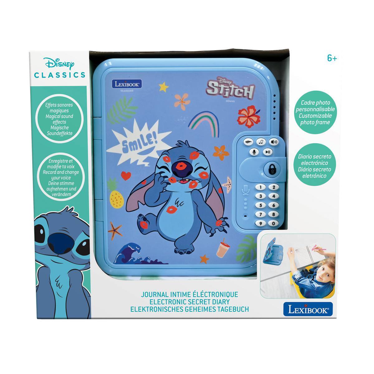 Disney CLASSICS  
Effets sonores magiques  
Magical sound effects  
Magische Soundeffekte  
Enregistre et modifie ta voix  
Record and change your voice  
Deine Stimme aufnehmen und verändern  

LEXIBOOK  
Smile!  

Disney STITCH  
C. I 1 3 2 4 6+  

Cadre photo personnalisable  
Customizable photo frame  
Diario secreto electrónico  
Dirio secreto eletrnico  

JOURNAL INTIME ÉLECTRONIQUE  
ELECTRONIC SECRET DIARY  
ELEKTRONISCHES GEHEIMES TAGEBUCH  

LEXIBOOK