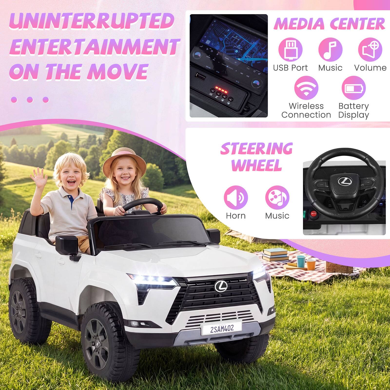 UNINTERRUPTED ENTERTAINMENT ON THE MOVE

MEDIA CENTER
- USB Port
- Music
- Volume
- Wireless Connection
- Battery Display

STEERING WHEEL
- Horn
- Music