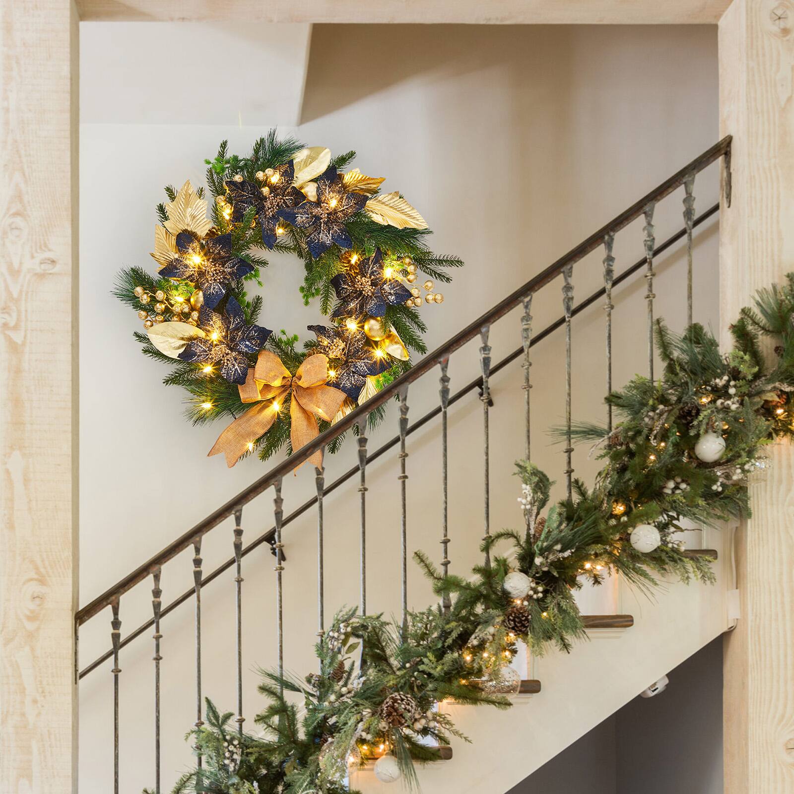Angle. Acekool - 24 Inch Christmas Wreath Pre-Lit Xmas Wreath with Bows, Gold Leaves Ball Ornaments for Front Door Windows Wall Blue - Blue.