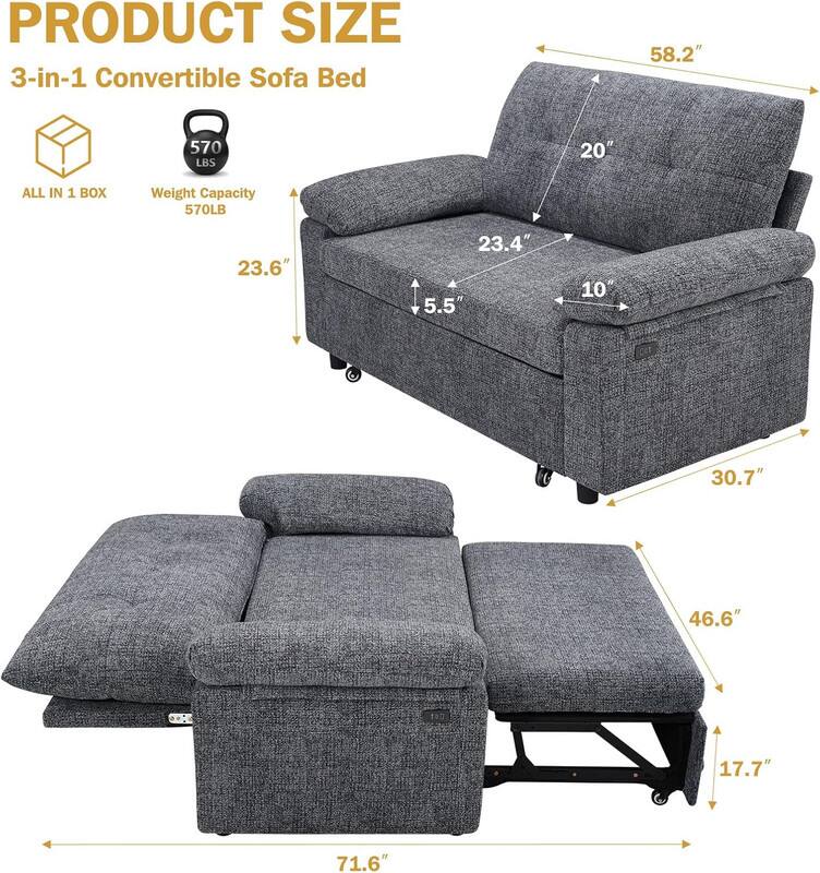 PRODUCT SIZE: 3-in-1 Convertible Sofa Bed

- 58.2" (length)
- 20" (depth)
- 23.6" (height)
- 23.4" (seat height)
- 5.5" (armrest height)
- 10" (seat depth)
- 30.7" (width)
- 46.6" (width)
- 17.7" (height)
- 71.6" (length)

Weight Capacity: 570 LBS

ALL IN 1 BOX