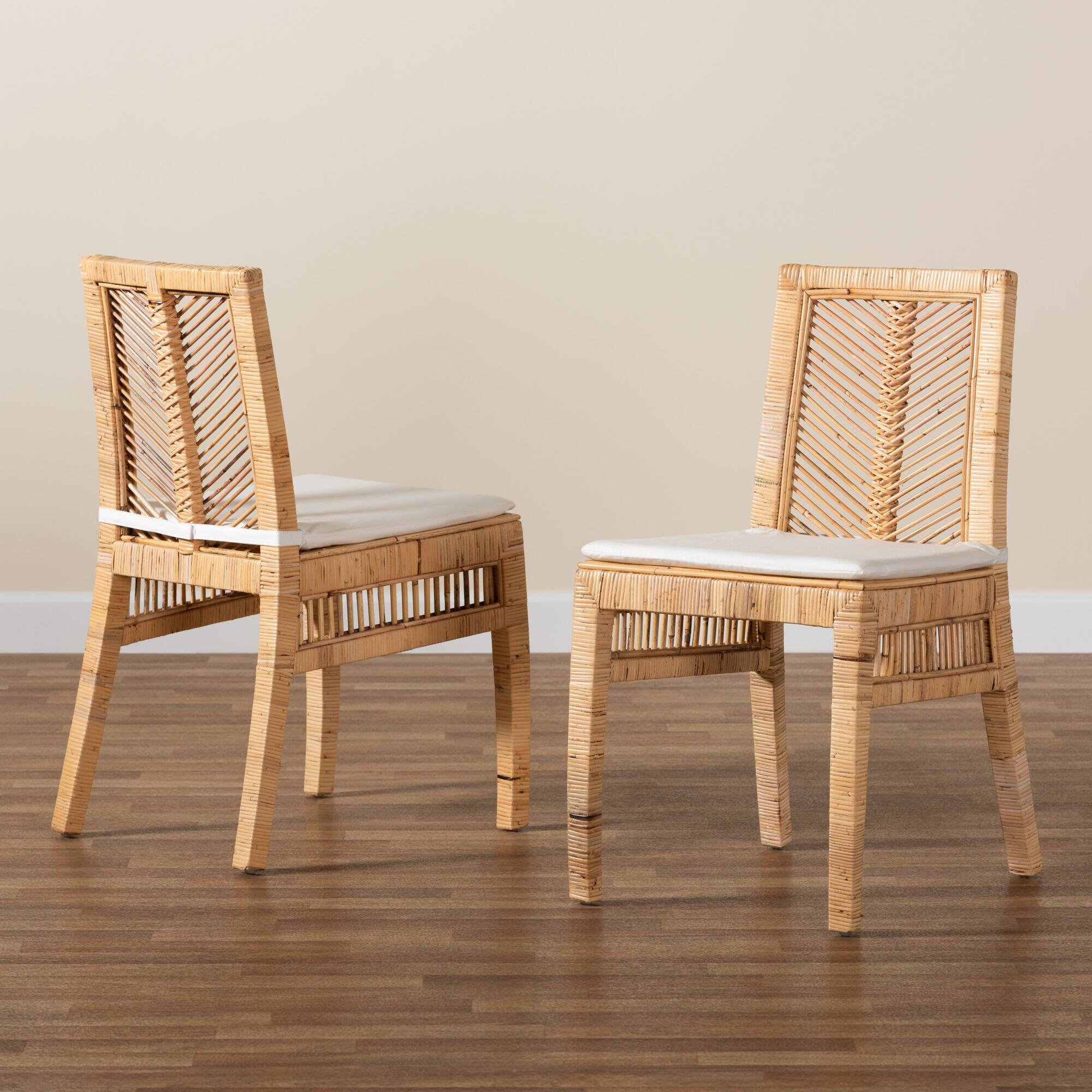 Alt View 4. bali & pari - Suci Modern Bohemian Rattan 2-Piece Dining Chair Set - White/Natural Brown.
