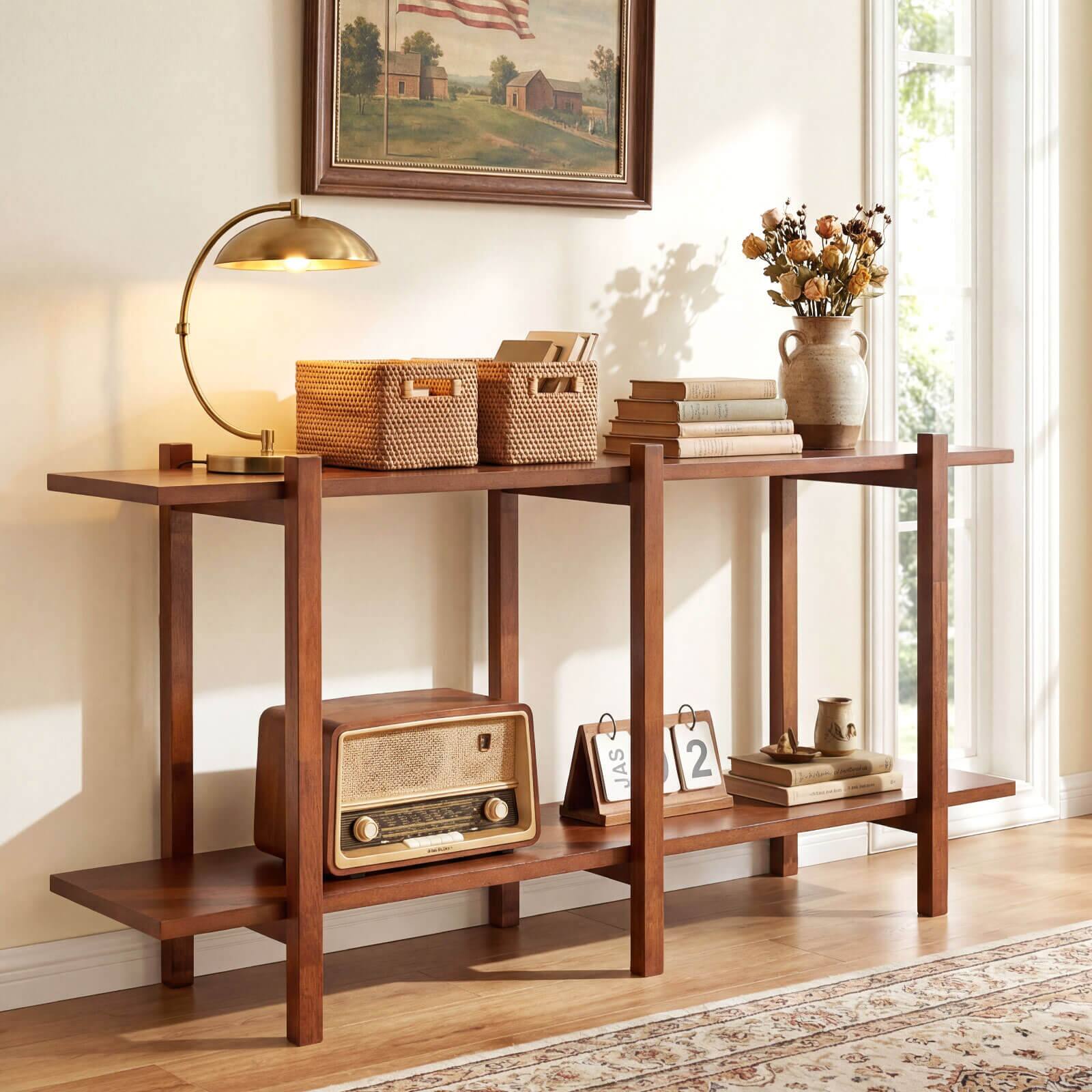 Alt View 4. Costway - Costway 2-Tier Wood Bookshelf, Low Horizontal Rubberwood Bookcase for Storage & Display - Walnut.