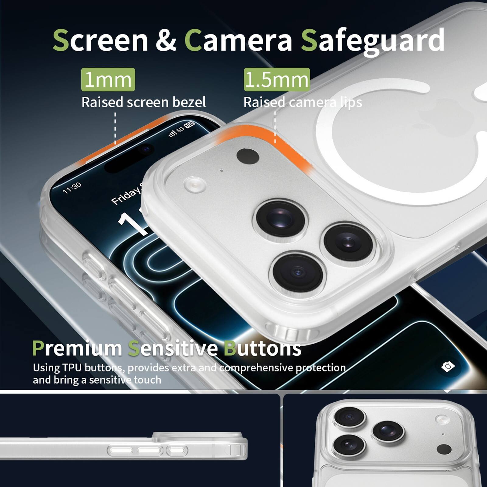 Screen & Camera Safeguard  
1mm Raised screen bezel  
1.5mm Raised camera lips  

Premium Sensitive Buttons  
Using TPU buttons, provides extra and comprehensive protection and brings a sensitive touch