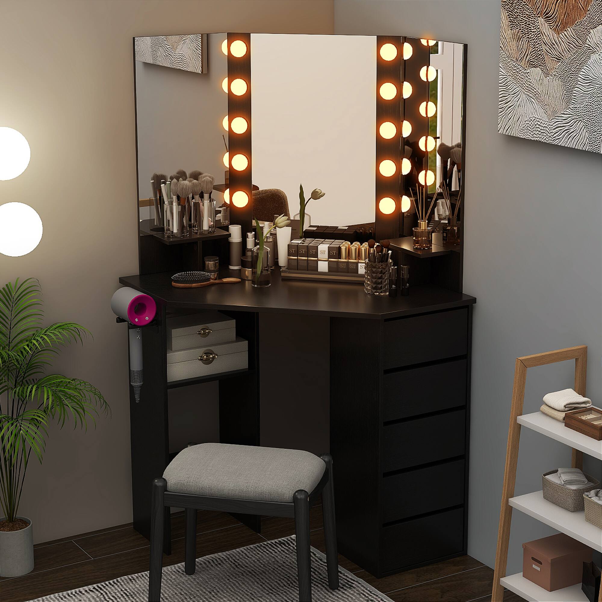 Alt View 4. Costway - Costway Corner Vanity Desk Cosmetic Vanity Station with LED Mirror,& Power Outlets Black - Black.