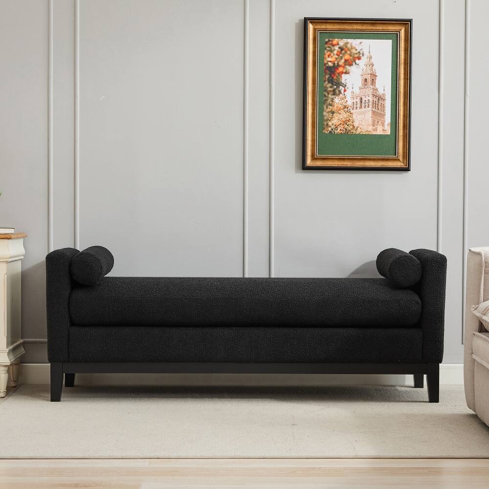 Left. Ropilly - Ropilly Upholstered End of Bed Bench Black Boucle Entryway Bench with Arms and Bolsters - Black.