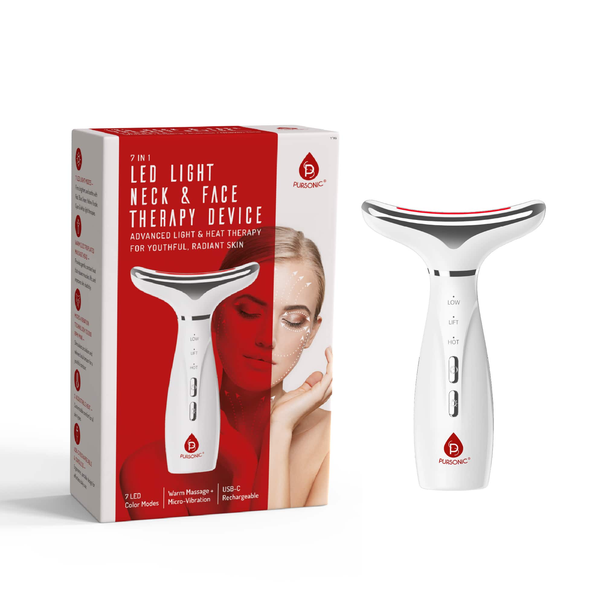 Pursonic - 7-Color LED Light Therapy Neck & Face Device – Multi-Mode Rejuvenation System