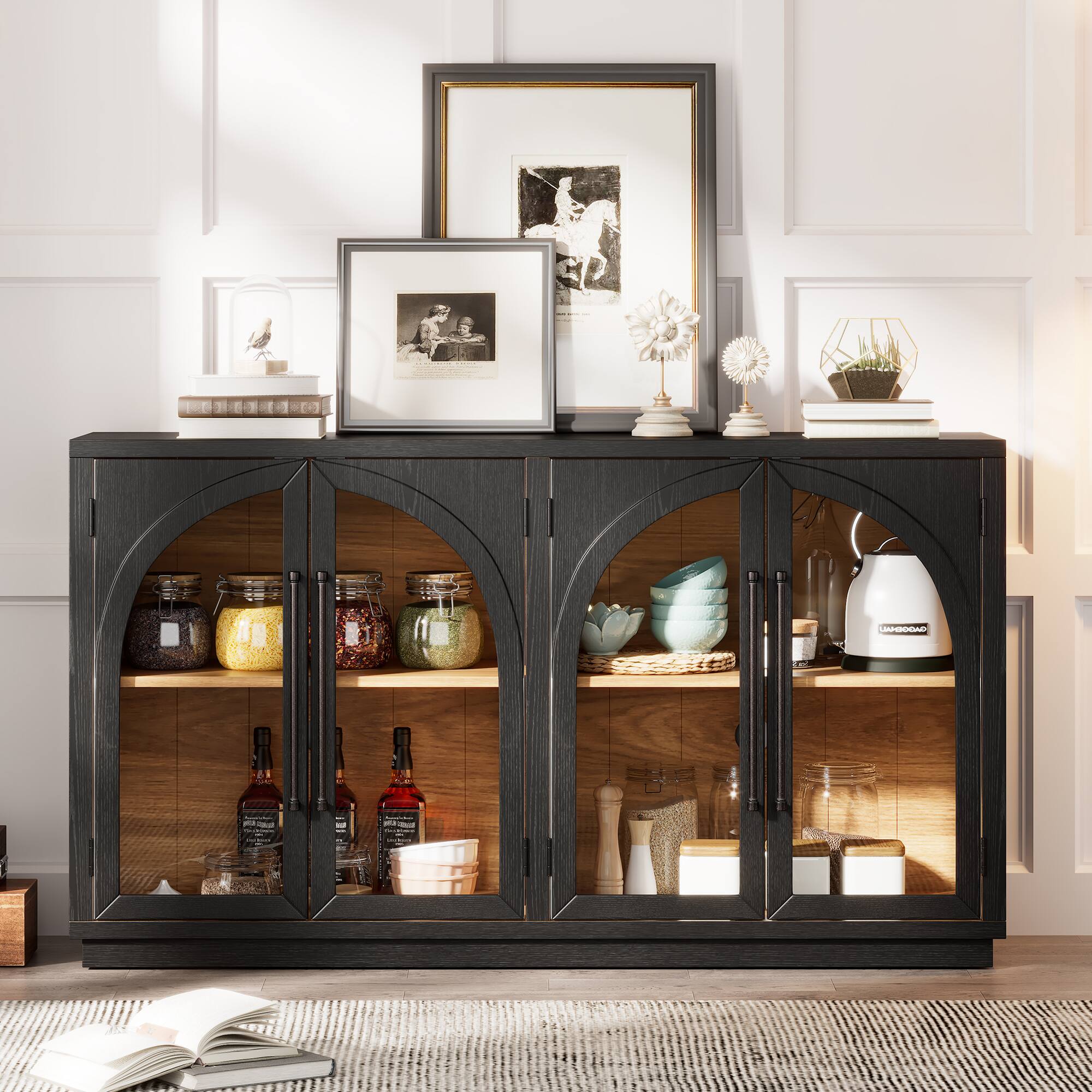 Front. Chery Life - 60 in. 4-Door Large Storage Sideboard Buffet Cabinet with Glass Doors and Adjustable Shelves - Black.