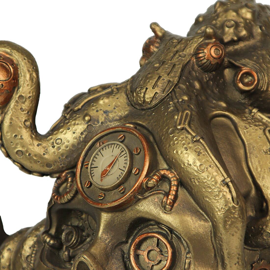 Alt View 2. Zeckos - Abyssal Bones Steampunk Mechanical Octopus On Skull Tabletop Statue - Bronze.