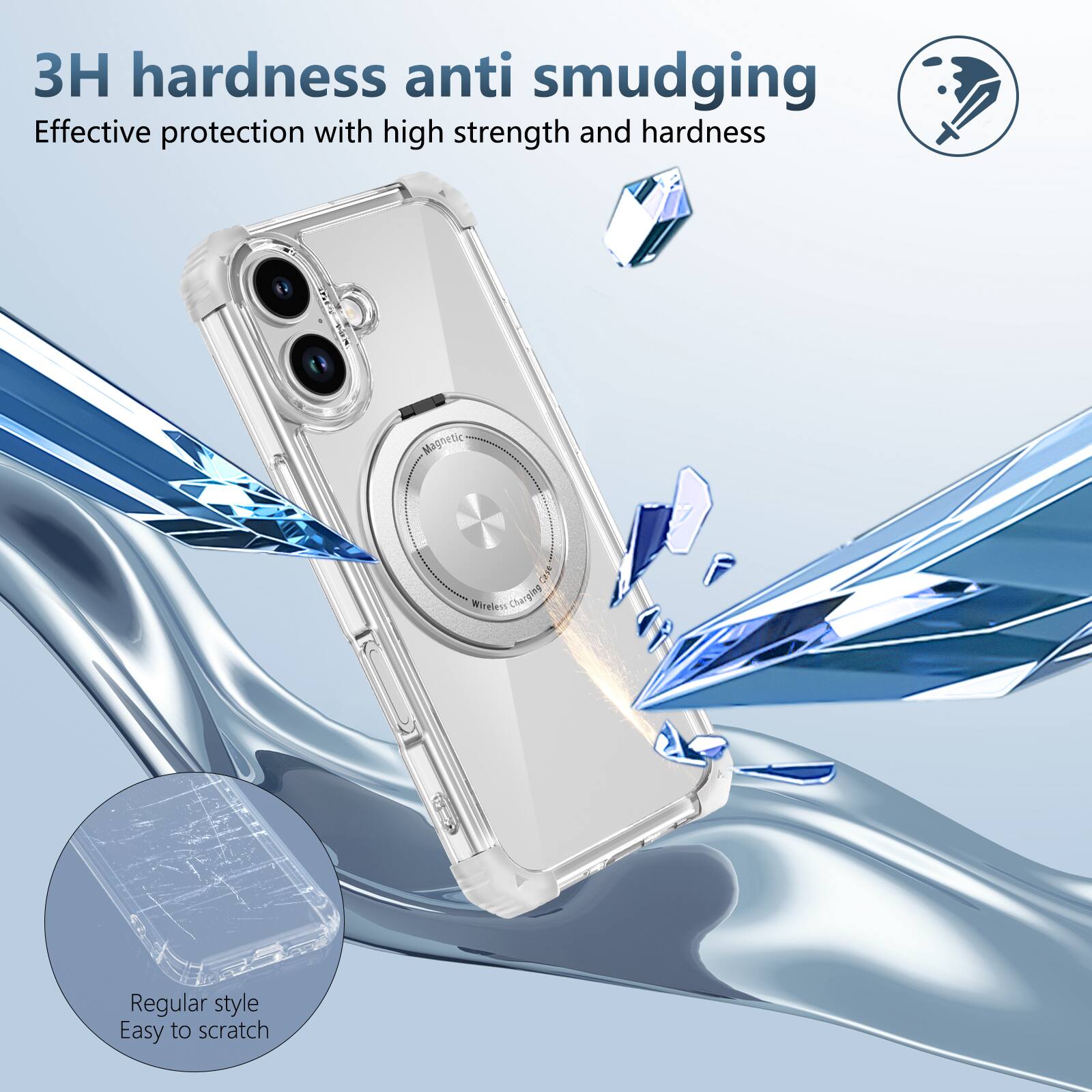 3H hardness anti smudging  
Effective protection with high strength and hardness  
Magnetic  
Wireless Charging  
Regular style  
Easy to scratch