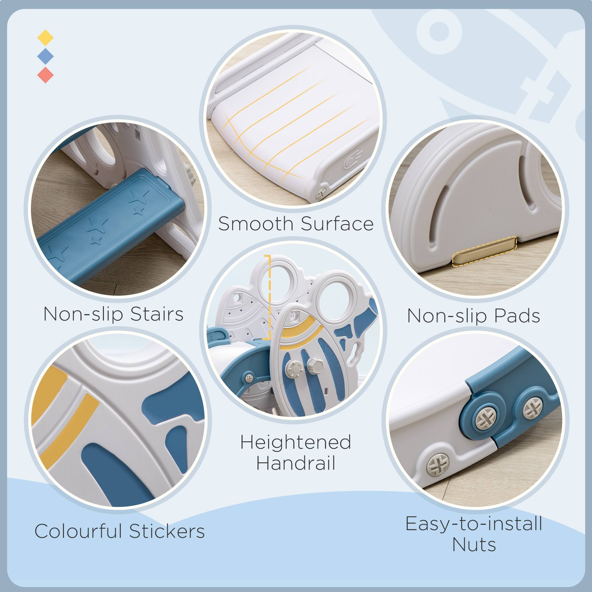 - Smooth Surface
- Non-slip Stairs
- Non-slip Pads
- Heightened Handrail
- Colourful Stickers
- Easy-to-install Nuts