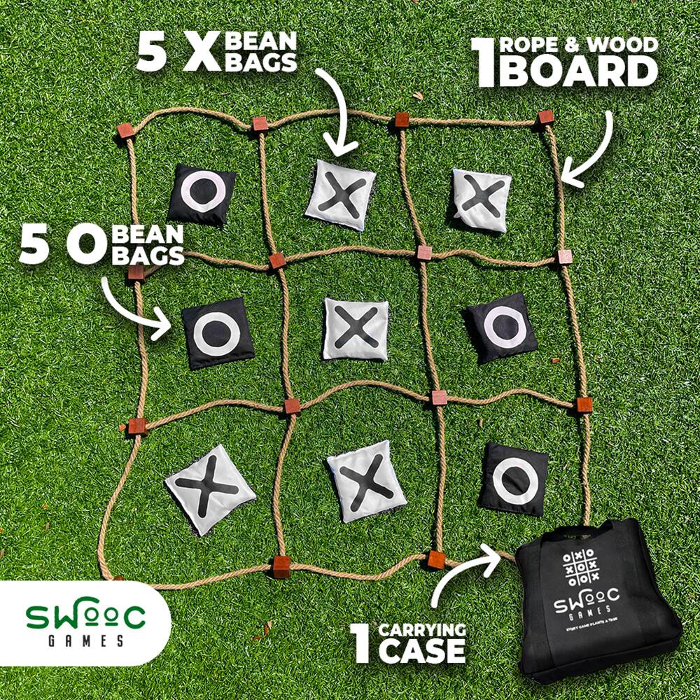 5 X BEAN BAGS  
50 BEAN BAGS  
1 ROPE & WOOD BOARD  
1 CARRYING CASE  

SWOOC GAMES