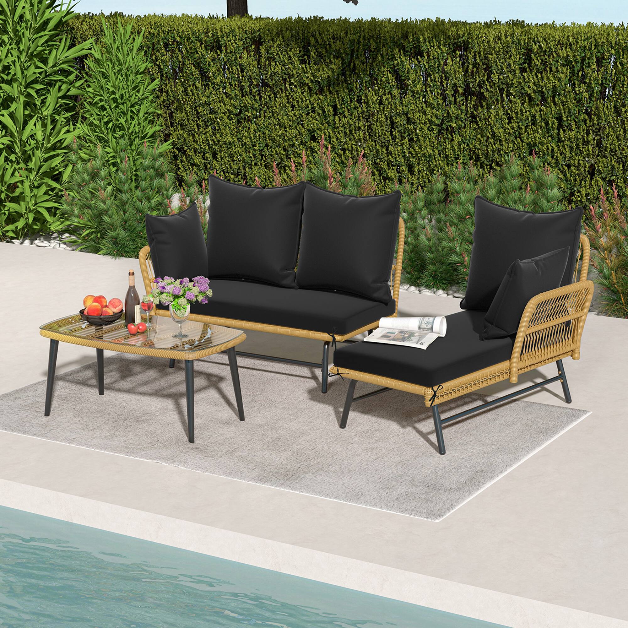 Alt View 6. Gymax - Gymax 3PCS Patio Wicker Furniture Set L-Shaped Sofa Conversation Set w/ Black Cushions - Black.