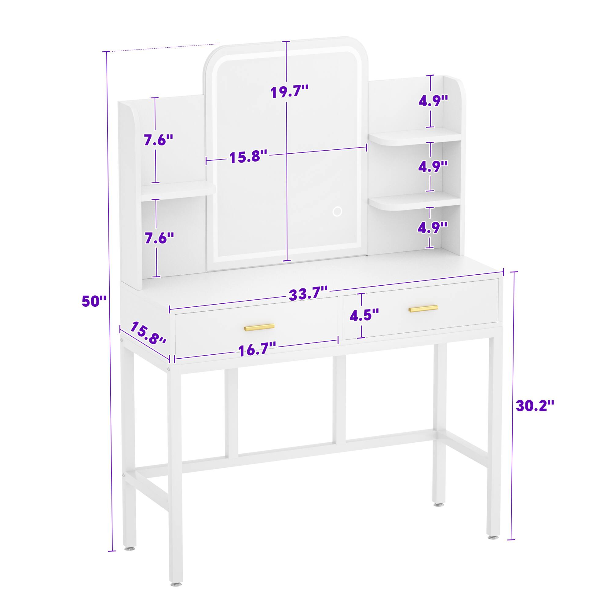 7.6"  
7.6"  
19.7"  
15.8"  
4.9"  
4.9"  
4.9"  
50"  
15.8"  
33.7"  
4.5"  
16.7"  
30.2"