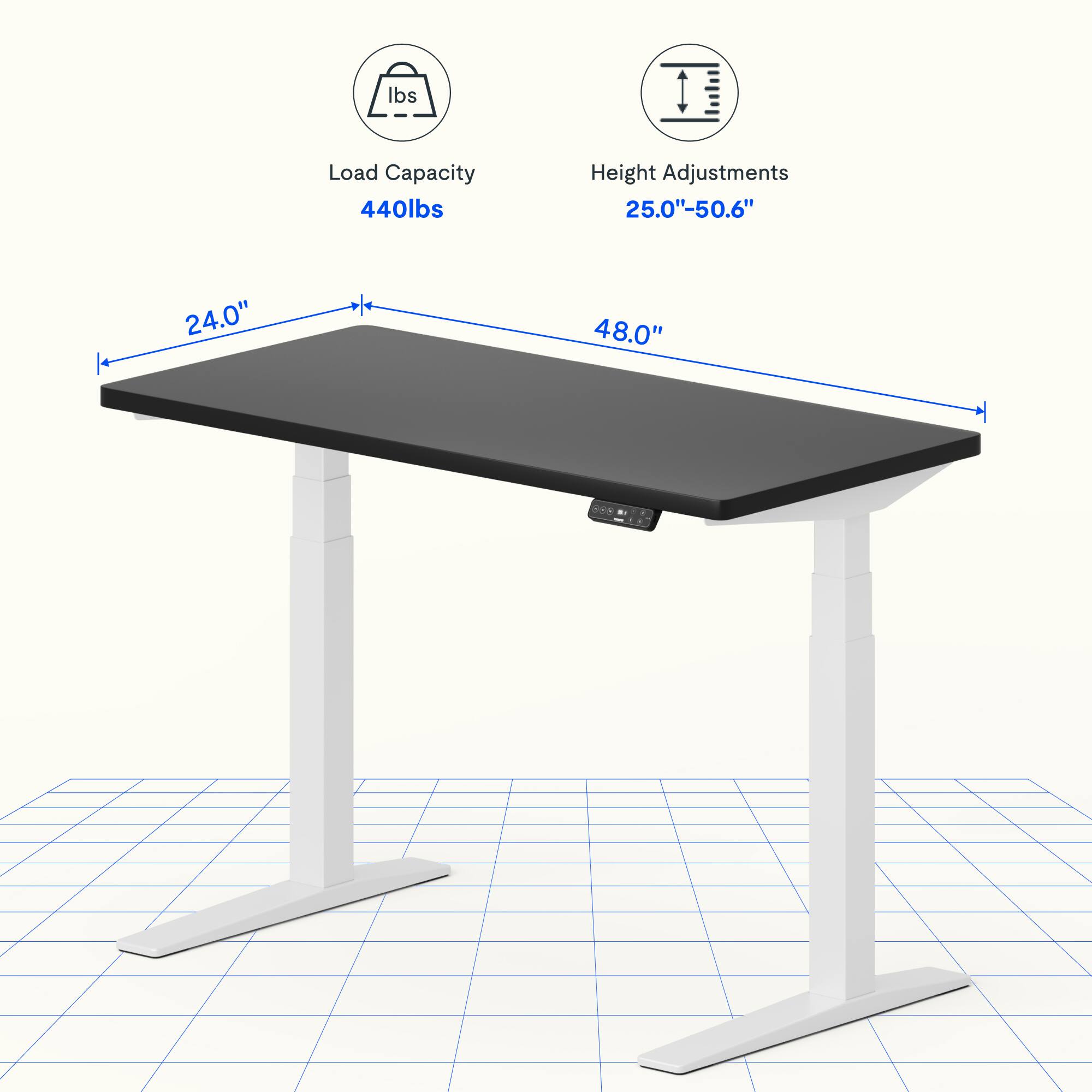 Load Capacity: 440lbs  
Height Adjustments: 25.0"-50.6"  
Table Dimensions: 24.0" x 48.0"