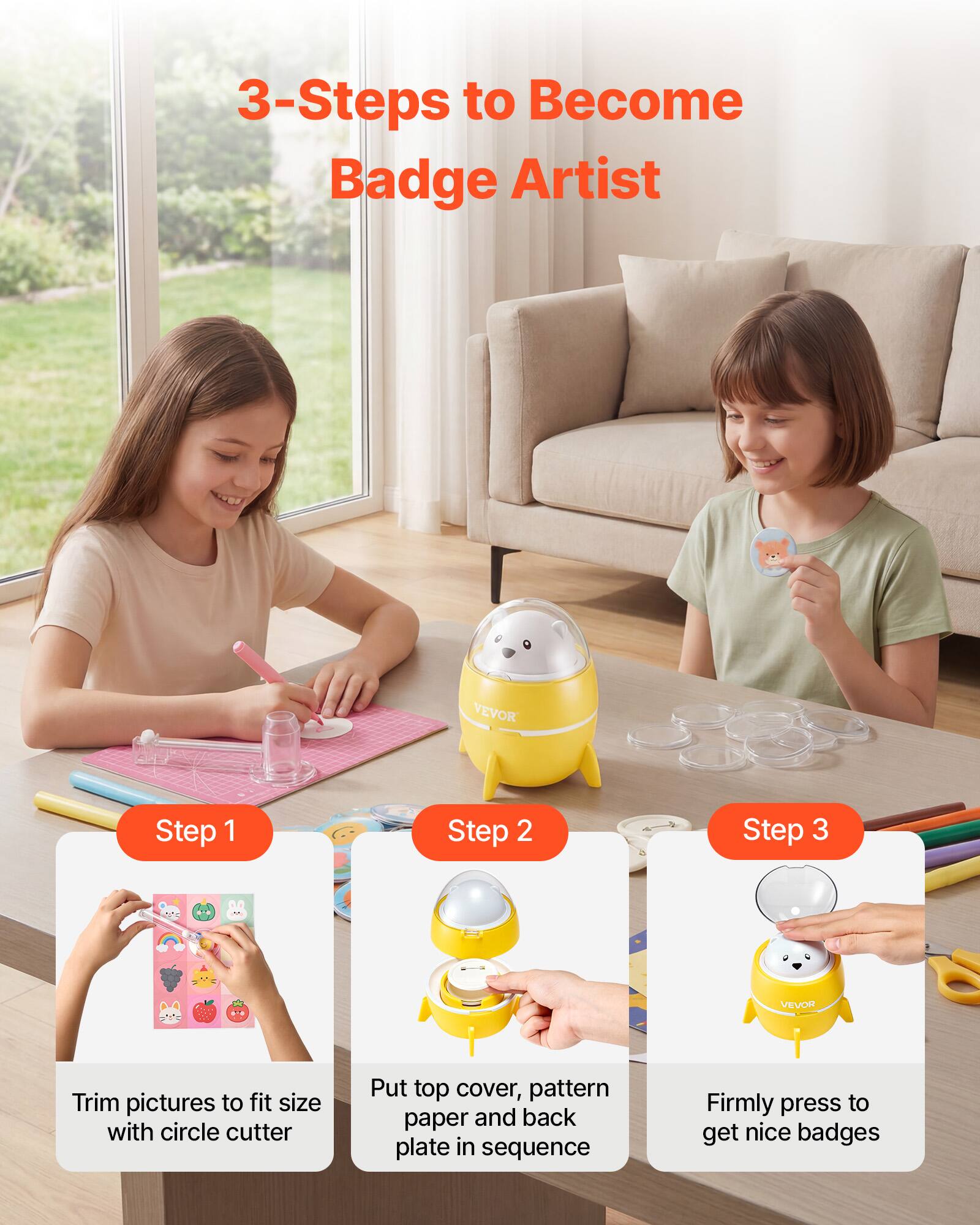 3-Steps to Become Badge Artist

Step 1
Trim pictures to fit size with circle cutter

Step 2
Put top cover, pattern paper and back plate in sequence

Step 3
Firmly press to get nice badges
