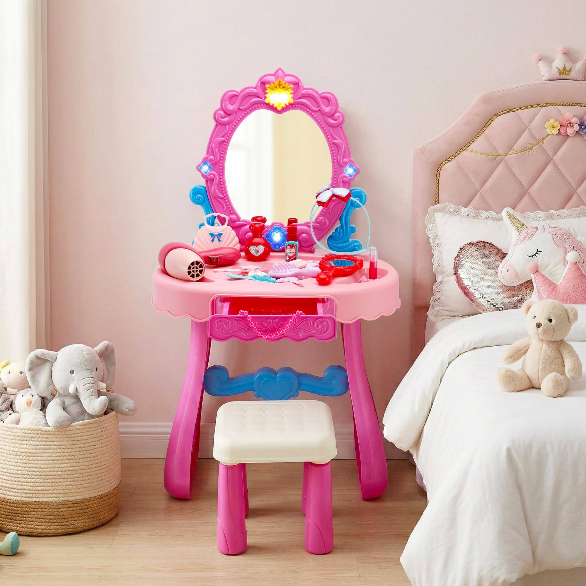 Alt View 5. Topteng - Kids Vanity Set with Lights & Music, 29PCS Accessories - Includes Mirror, Stool, Hair Dryer, Safe for Girls.