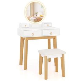 Costway - Vanity Set with LED Lighted Mirror Round Mirror & Soft Cushioned Stool 4 Drawers - White