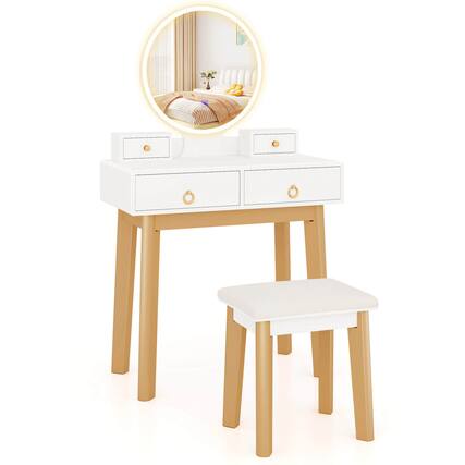 Front. Costway - Costway Vanity Set with LED Lighted Mirror Round Mirror & Soft Cushioned Stool 4 Drawers - White.