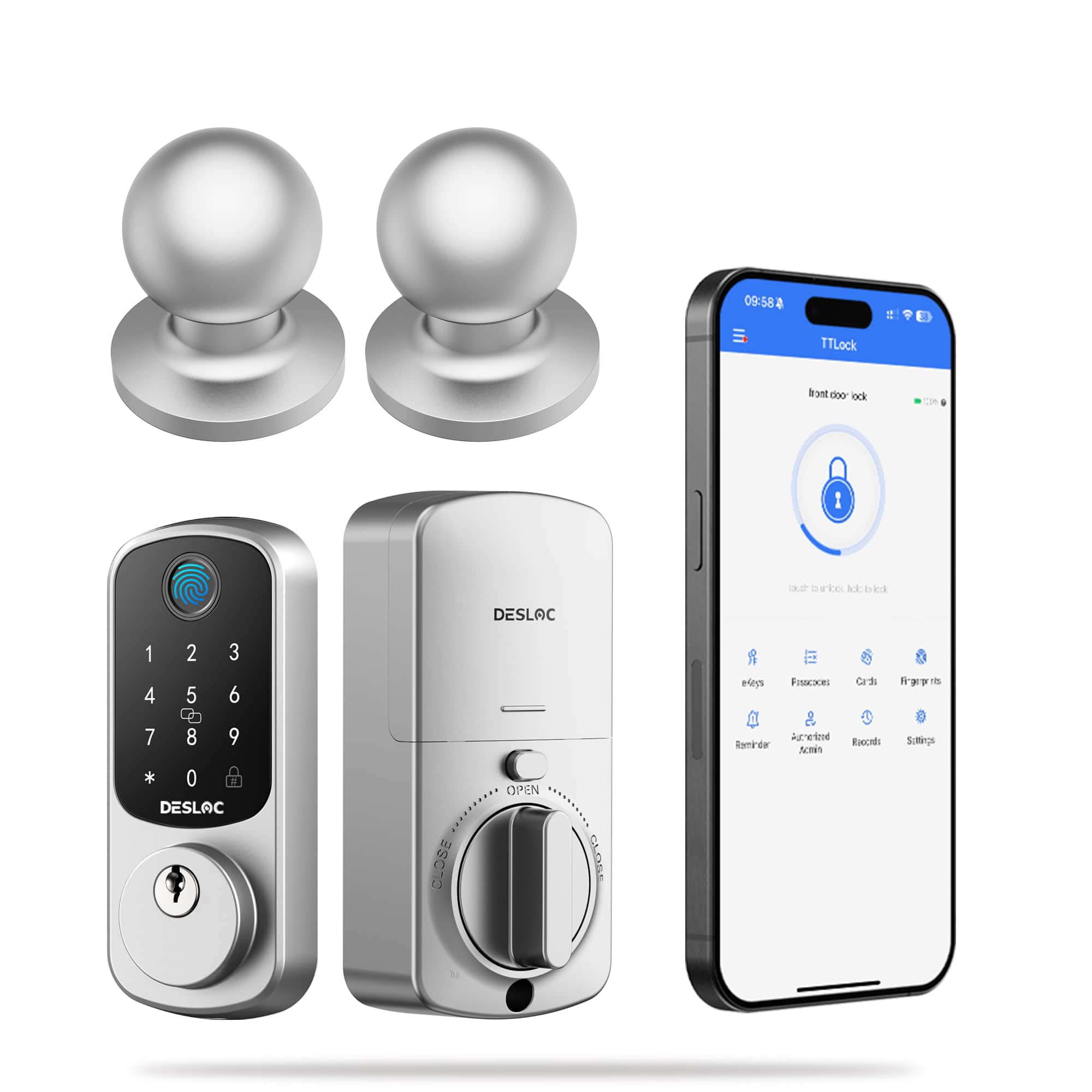 DESLOC - B200 Smart Lock Keyless Entry Fingerprint Deadbolt with Handle/Lever Set, Front Door Replacement, Bluetooth App - Silver - Knob