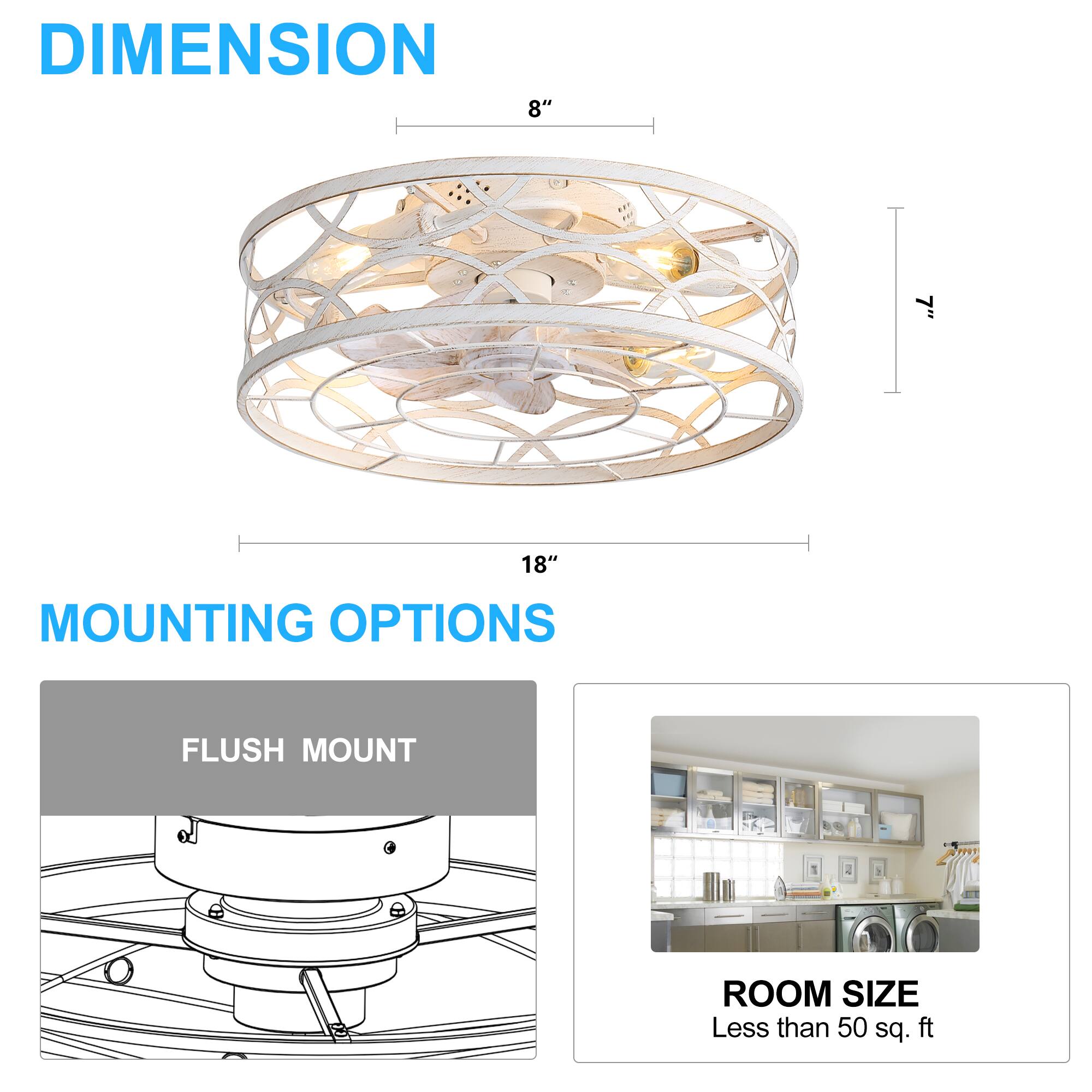 DIMENSION 8" 18" MOUNTING OPTIONS FLUSH MOUNT ROOM SIZE Less than 50 sq. ft