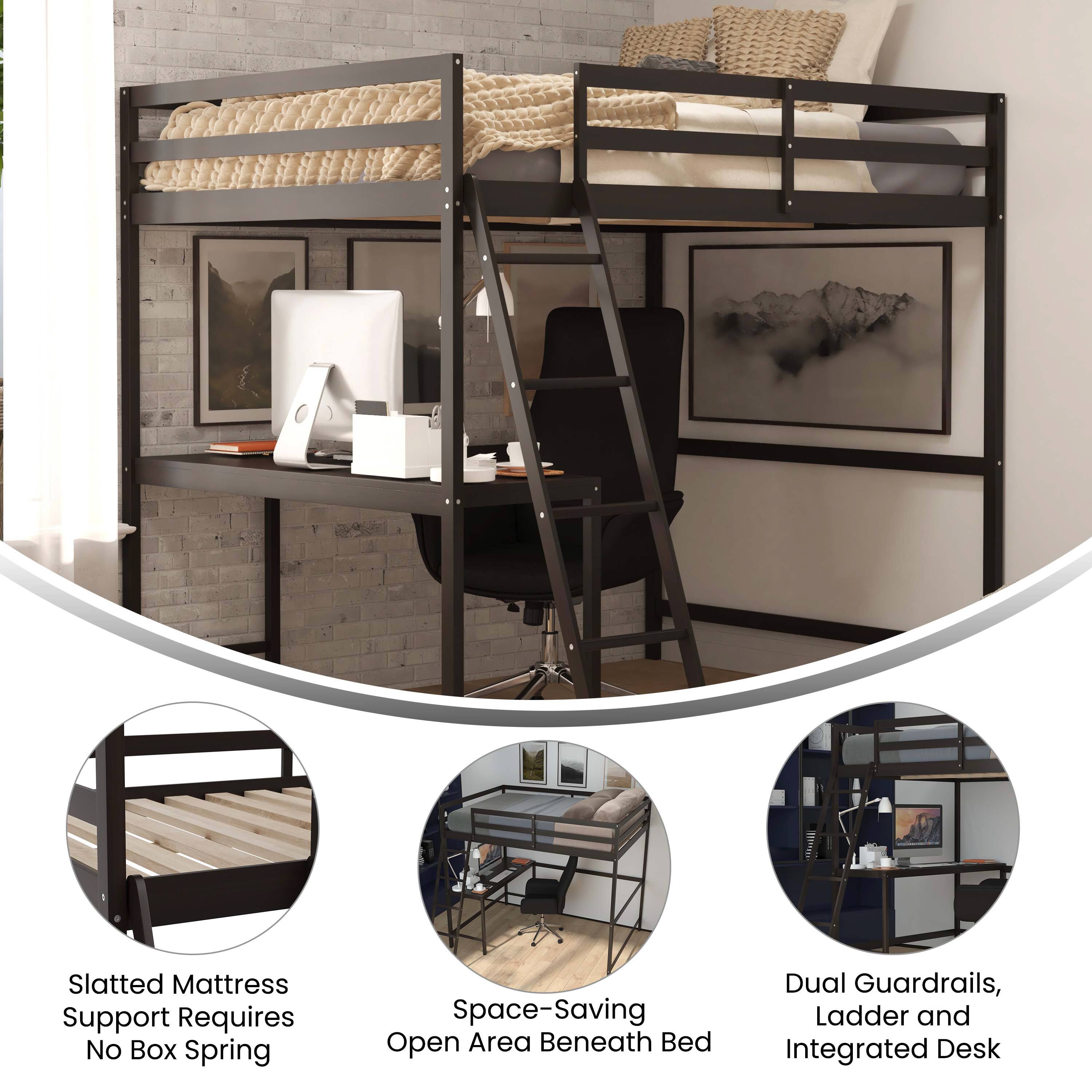 Slatted Mattress Support Requires No Box Spring  
Space-Saving Open Area Beneath Bed  
Dual Guardrails, Ladder and Integrated Desk