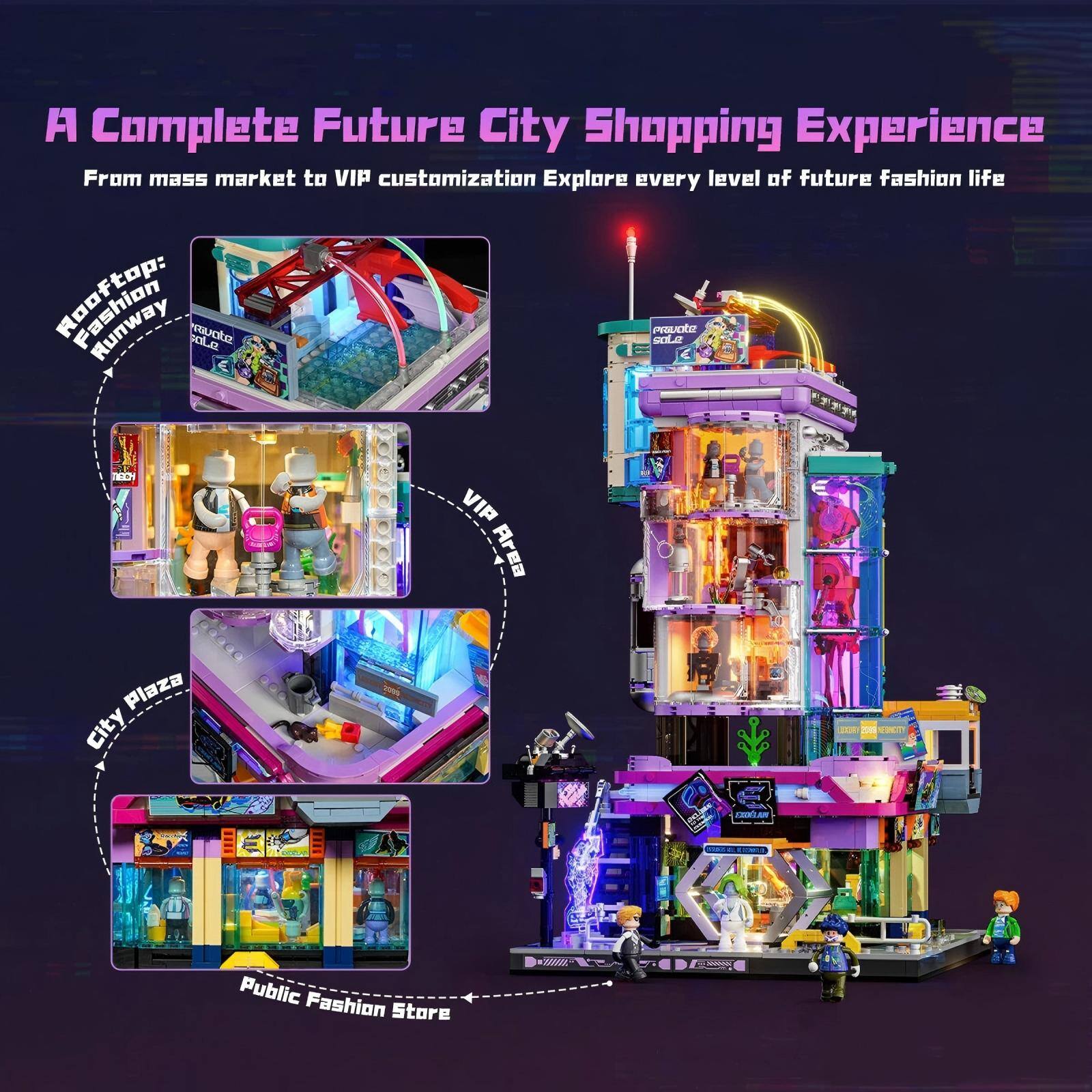 A Complete Future City Shopping Experience  
From mass market to VIP customization  
Explore every level of future fashion life  

Rooftop: Runway  
VIP Area  
City Plaza  
Public Fashion Store
