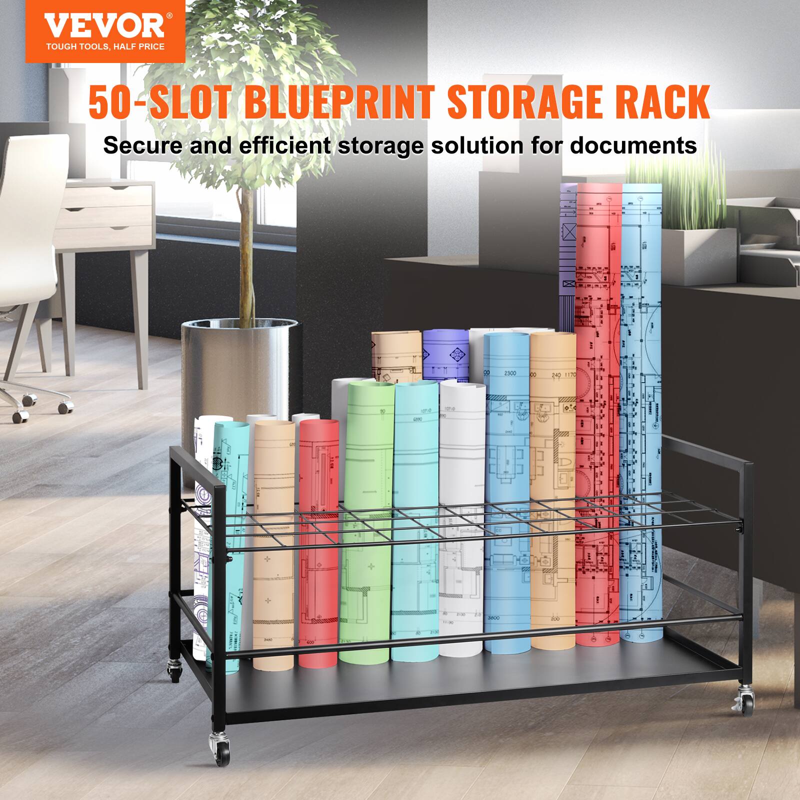 VEVOR TOUGH TOOLS, HALF PRICE  
50-SLOT BLUEPRINT STORAGE RACK  
Secure and efficient storage solution for documents