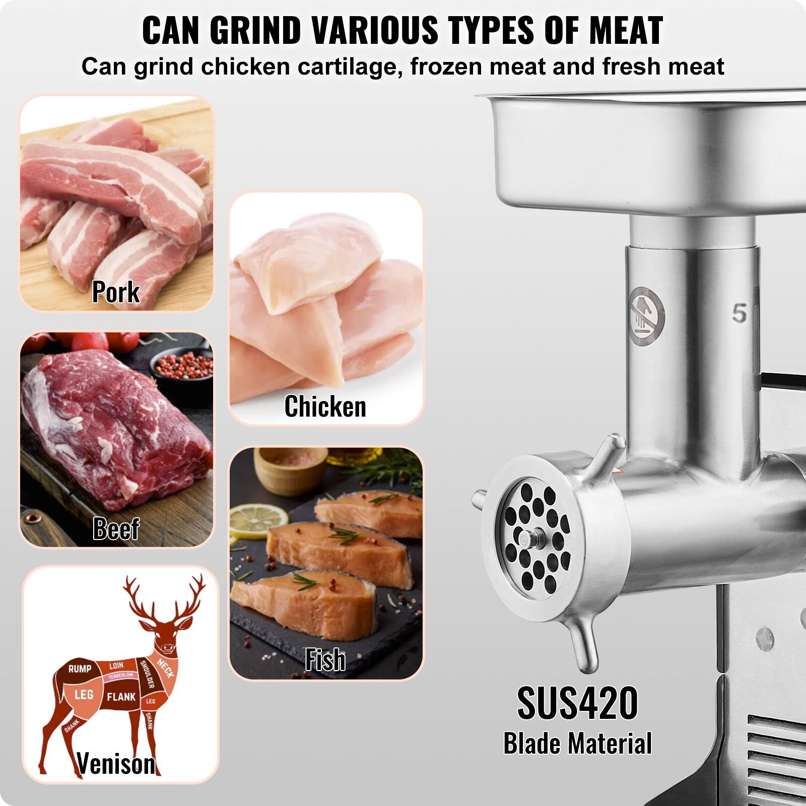 CAN GRIND VARIOUS TYPES OF MEAT
Can grind chicken cartilage, frozen meat and fresh meat
Pork
Chicken
Beef
Venison
Fish
SUS420 Blade Material