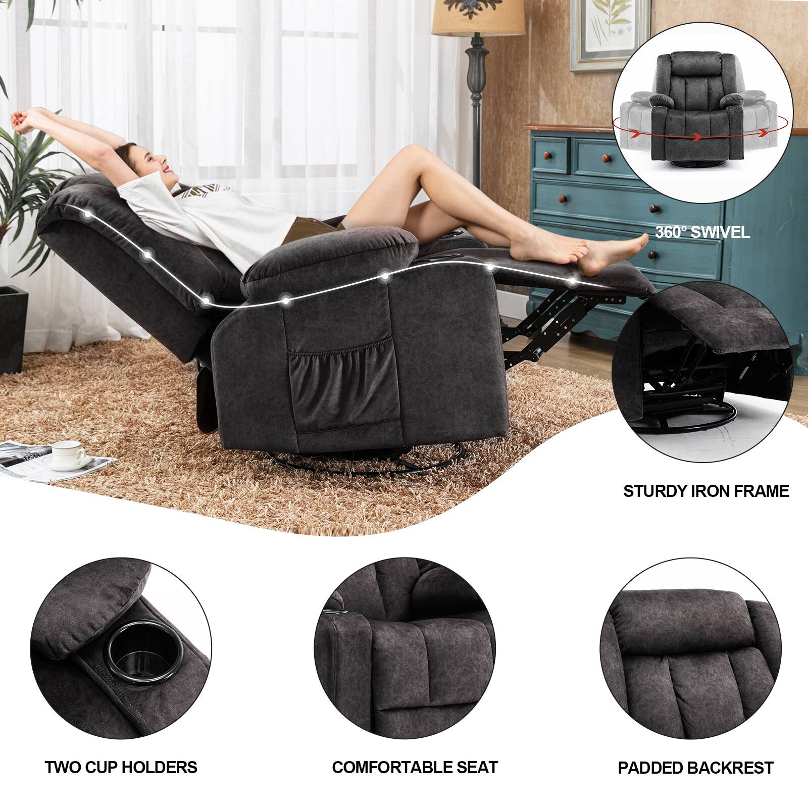 360° SWIVEL, STURDY IRON FRAME, TWO CUP HOLDERS, COMFORTABLE SEAT, PADDED BACKREST