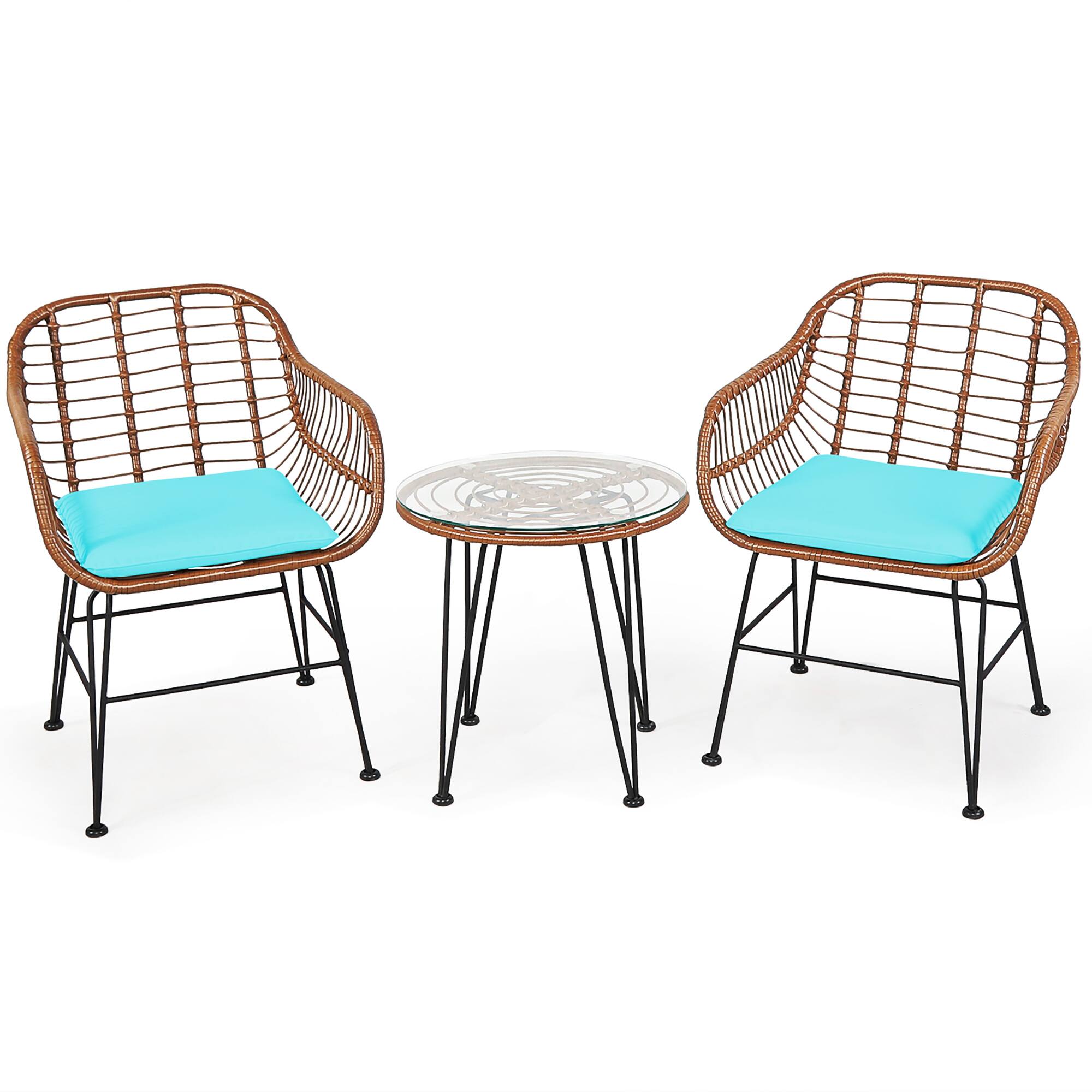 Angle. Costway - 3PCS Patio Rattan Bistro Set Table Armchair Garden Cushion - Turquoise.