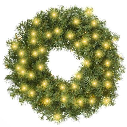 Front. Casafield - Green Fir Artificial Holiday Christmas Wreath Holiday Décor - Green White Lights.