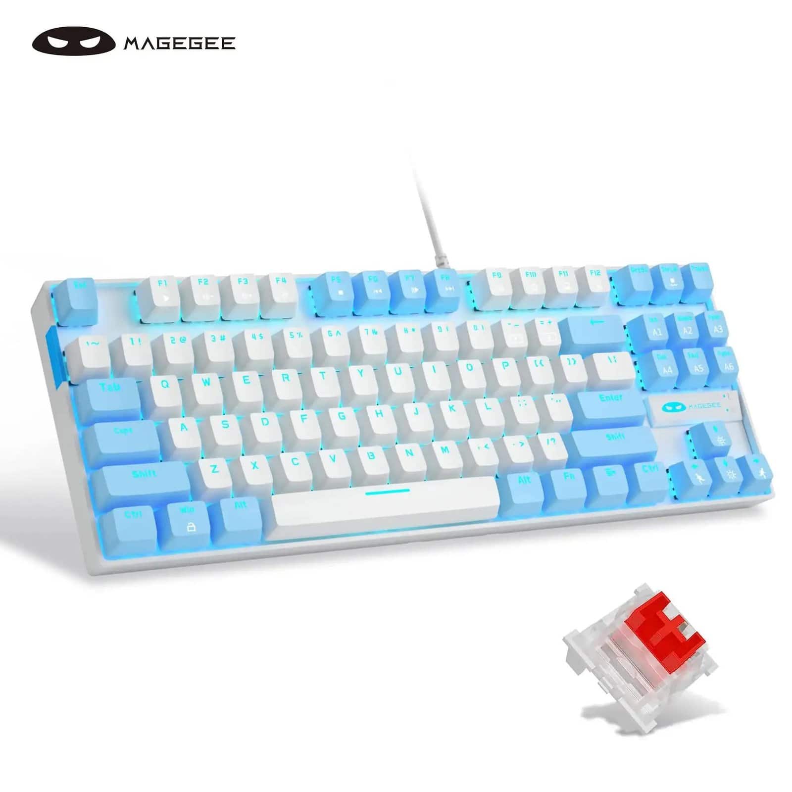 MageGee - 75% Mechanical Gaming Keyboard, Red Switch, LED Blue Backlit, 87 Keys Compact TKL - White/Blue