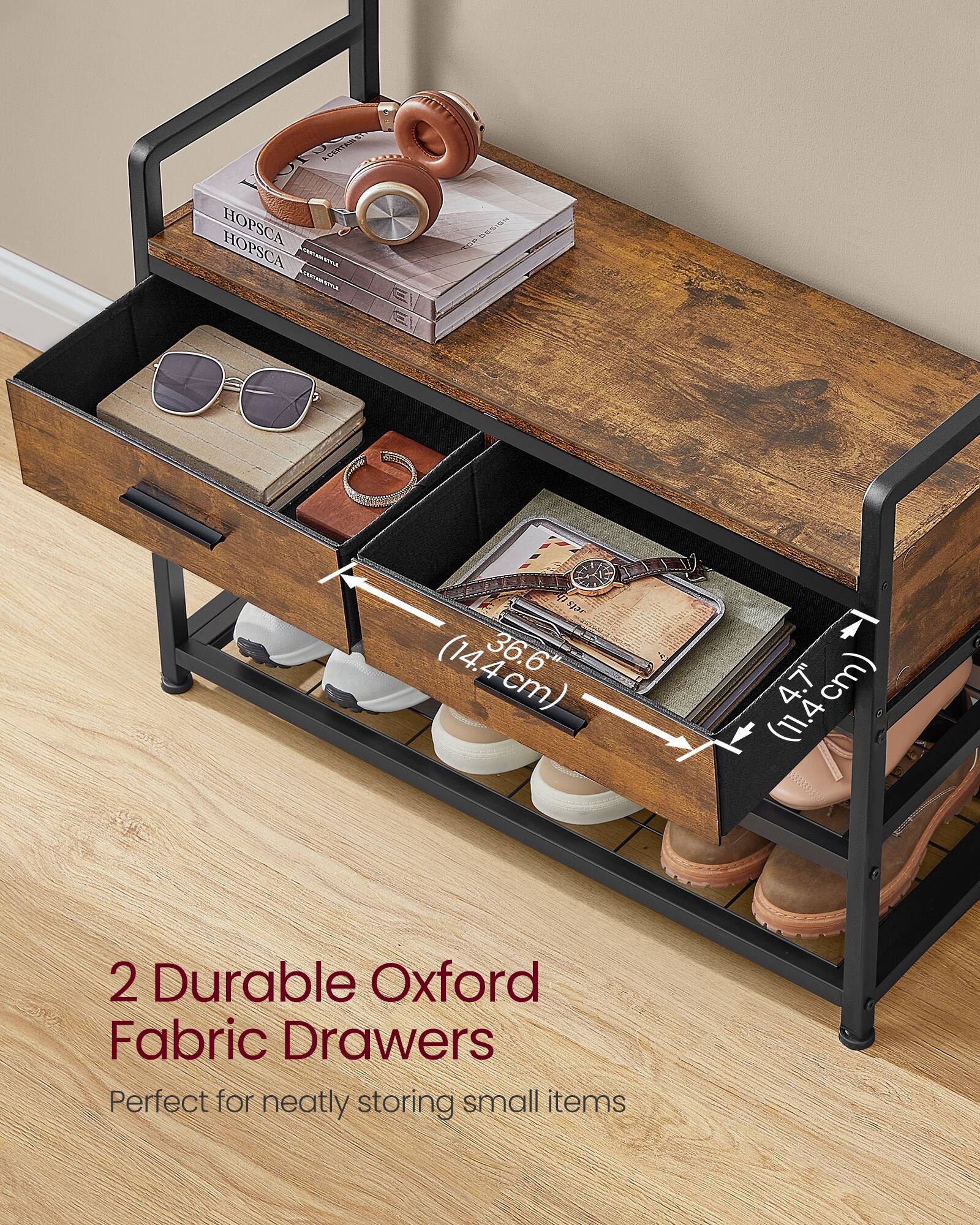 2 Durable Oxford Fabric Drawers  
Perfect for neatly storing small items  

15a (14.4 cm 36.6 cm) 4.7" cm) (11.4 2