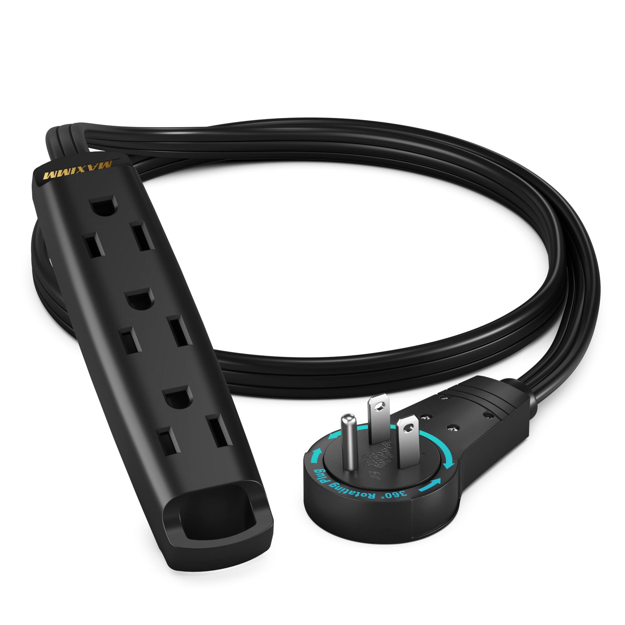 Maximm - 1 Ft 360° Rotating Flat Plug Extension Cord with 3 Outlets on One Side, Space-Saving Design, UL-Certified - Black