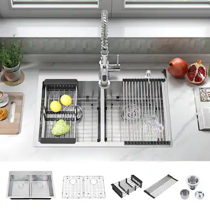 Front. Akicon - Akicon 33 in. Drop-in Double Bowl 20-Gauge Silver Nano-Coated Kitchen Sink with Grid, Strainer, Colander and Rollup Rack - Silver.