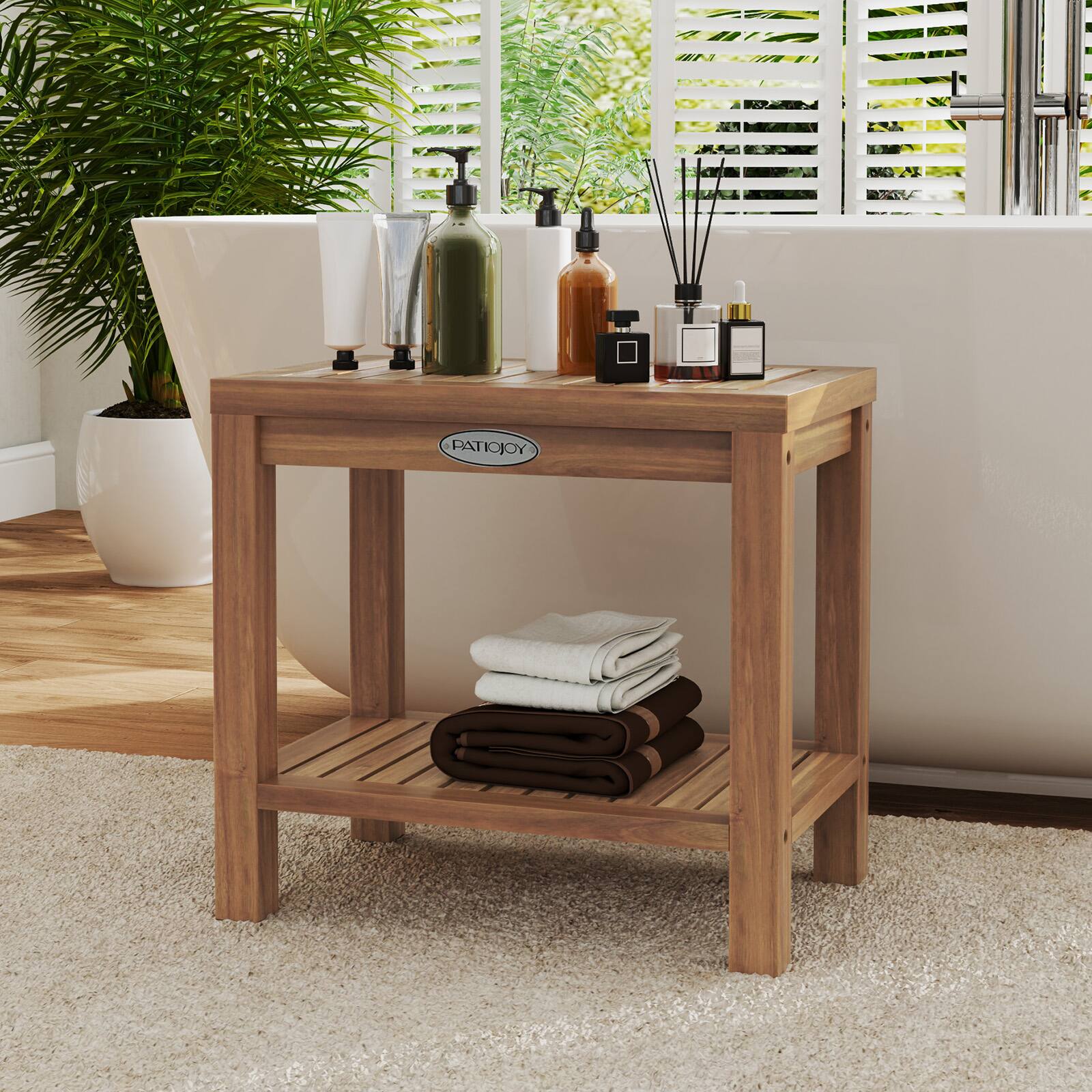 Alt View 1. Gymax - Gymax 19 Inch Teak Wood Shower Bench Inside Shower Stool w/ Storage Shelf for Adults - Teak.