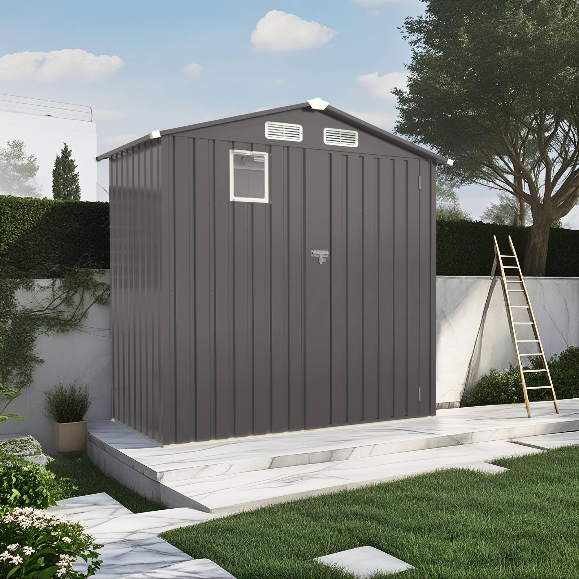 Angle. Mondawe - 6X4 FT Metal Outdoor Storage Shed with Peaked Roof Watertight,Clear Window and Lockable Door - Gray.