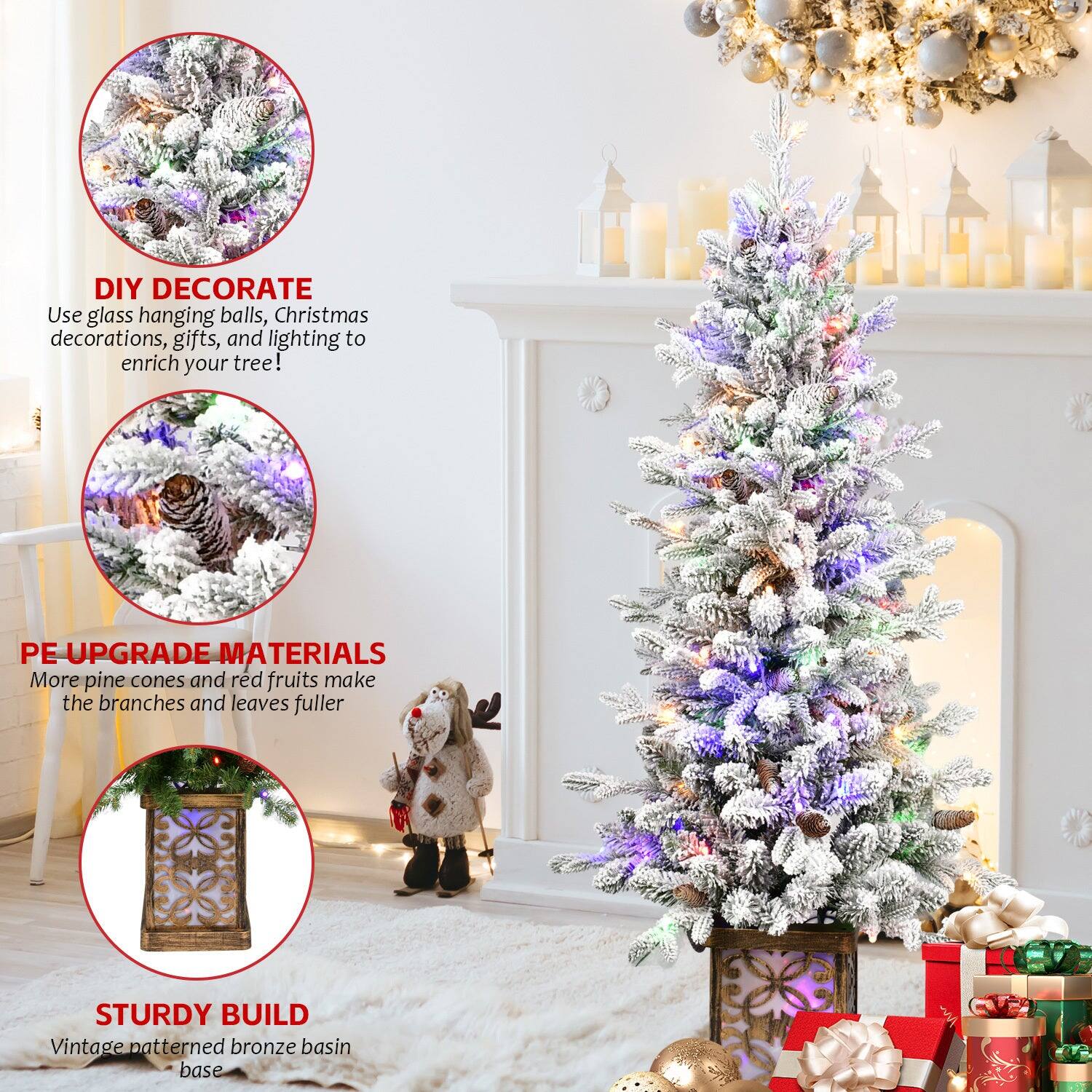 DIY DECORATE  
Use glass hanging balls, Christmas decorations, gifts, and lighting to enrich your tree!

PE UPGRADE MATERIALS  
More pine cones and red fruits make the branches and leaves fuller

STURDY BUILD  
Vintage patterned bronze basin base