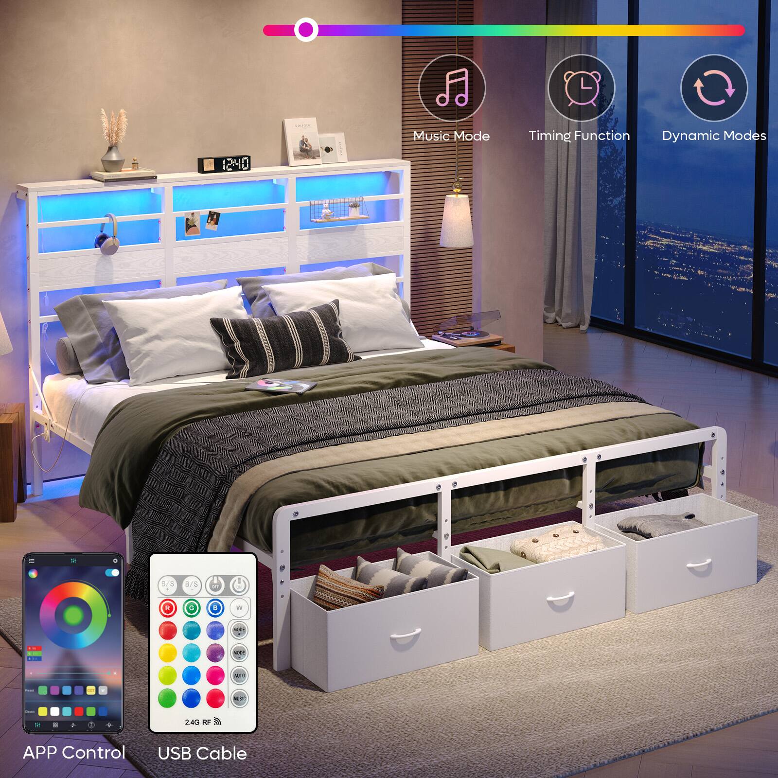 12:0 | Music Mode Timing Function Dynamic Modes - 3/3 4/S - M B W . - - . - ... - - . -  - 24G AF APP Control USB Cable
