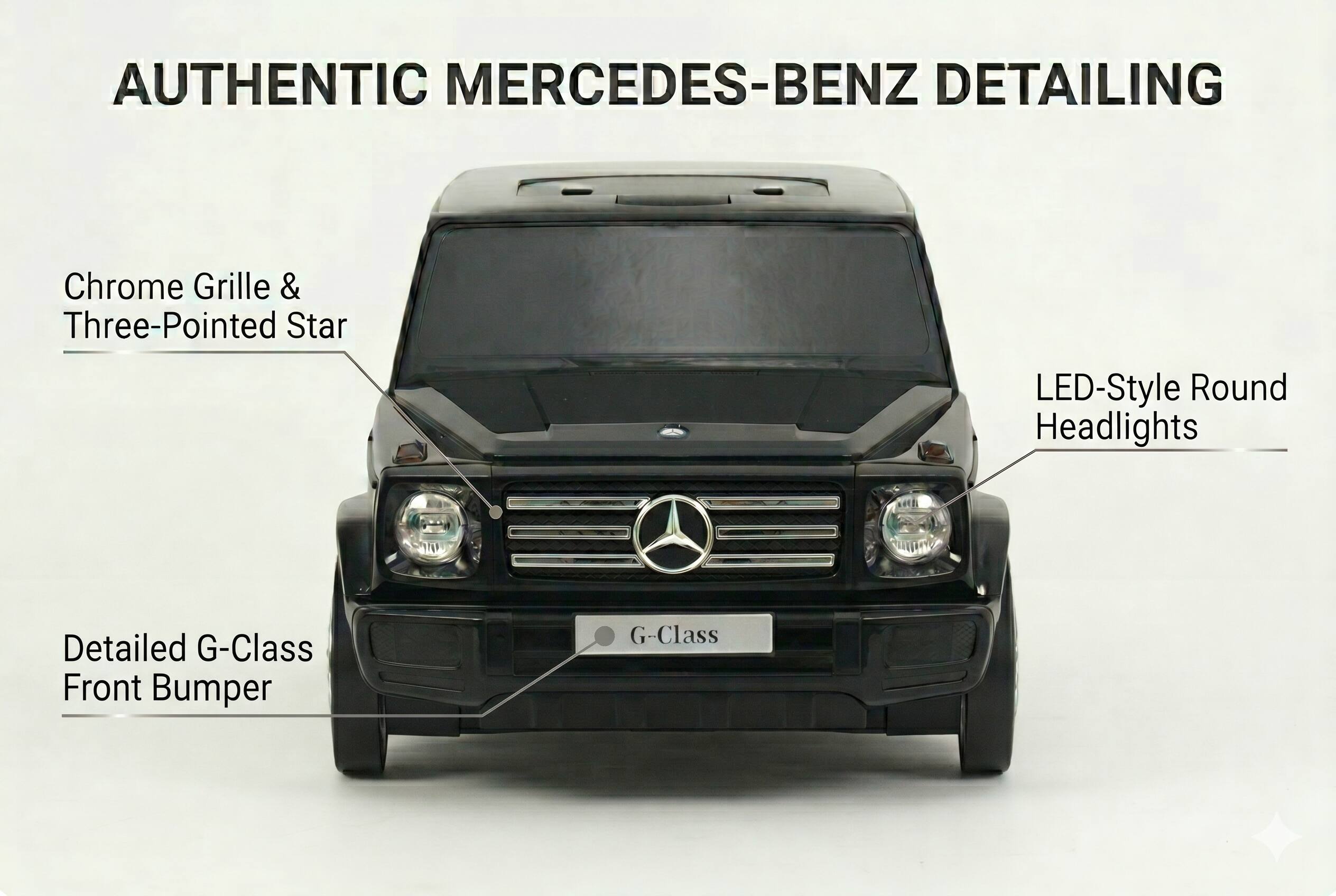 AUTHENTIC MERCEDES-BENZ DETAILING

- Chrome Grille & Three-Pointed Star
- LED-Style Round Headlights
- Detailed G-Class Front Bumper