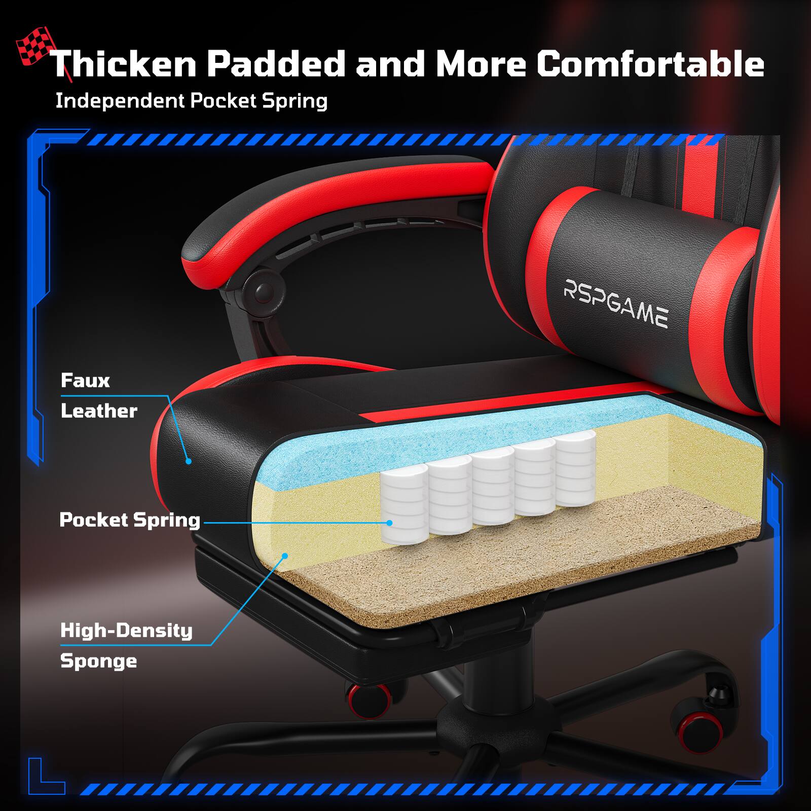 Thicken Padded and More Comfortable  
Independent Pocket Spring  

Faux Leather  
Pocket Spring  
High-Density Sponge