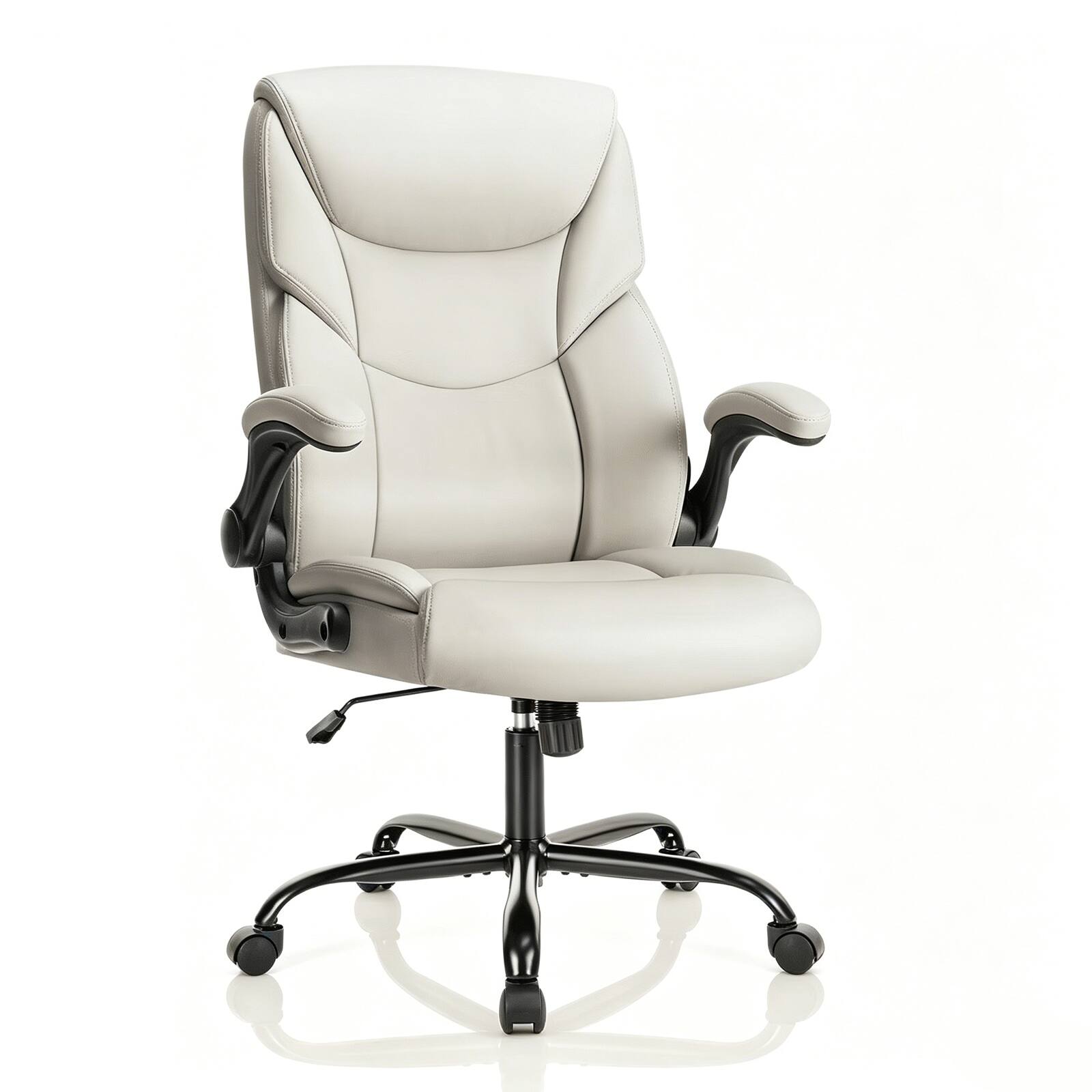 Front. Sweet - High Back Ergonomic Executive Office Chair with Lumbar Support Flip-Up Armrests, PU Leather Desk Chair, White - Beige.