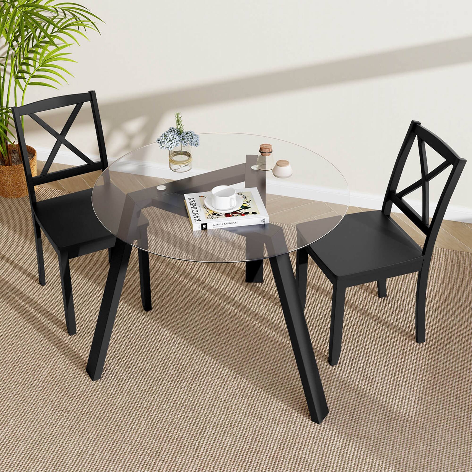 Back. Costway - 36" Round Glass Dining Table for 4 with Tempered Glass Tabletop Rubber Wood Frame - Black.