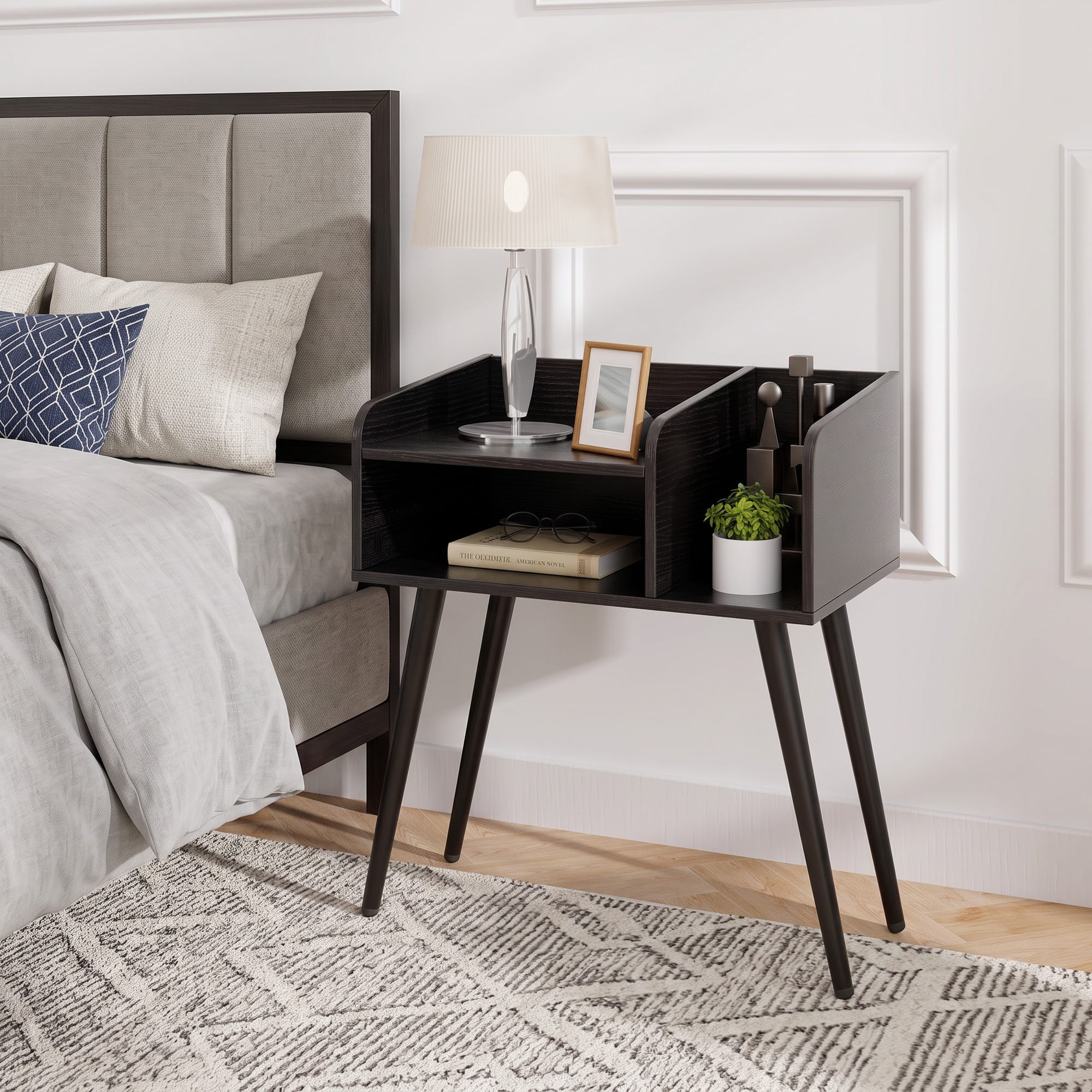 WELLFOR - Mid-Century Modern Nightstand with Open Shelves - Black