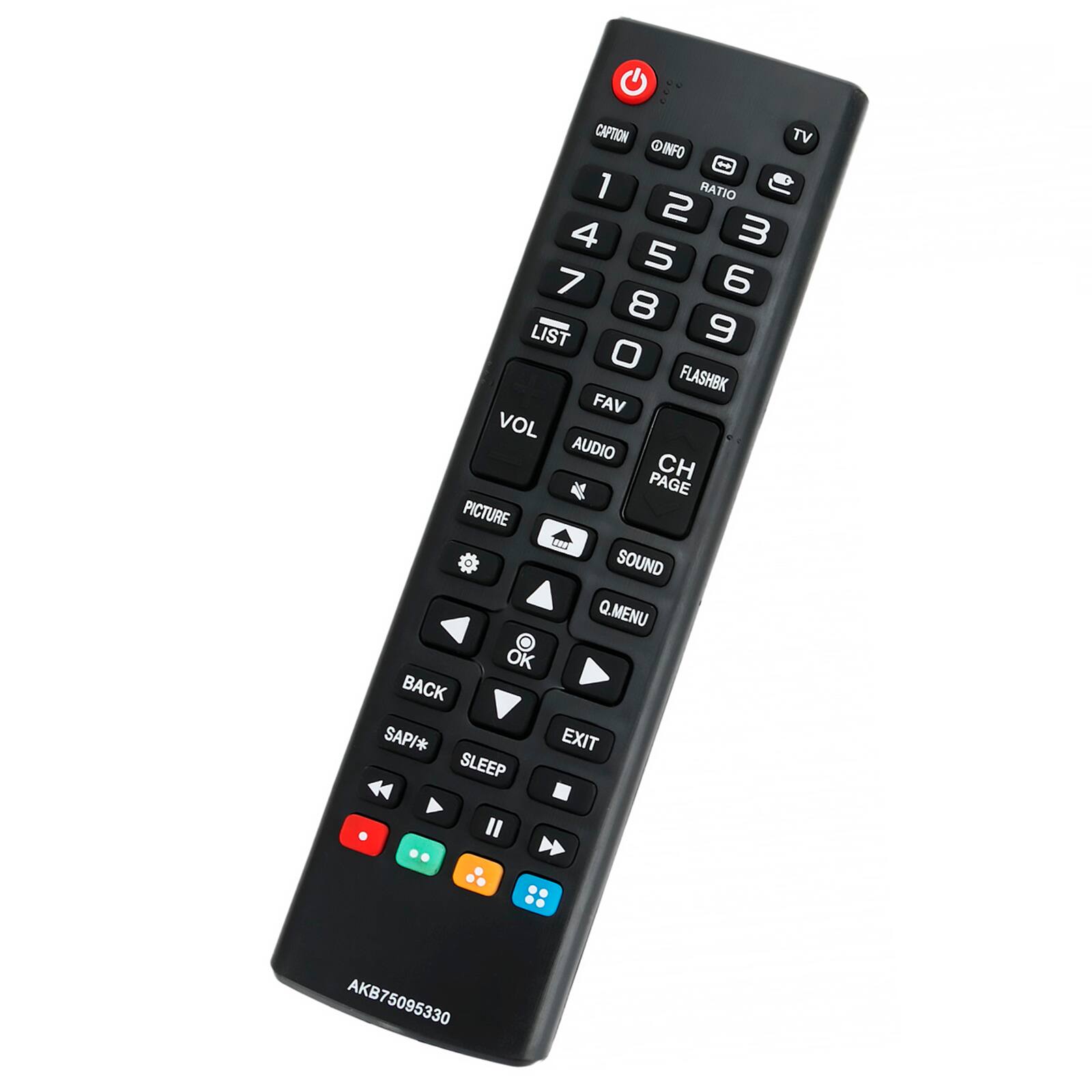 CAPTION TV INFO 1 RATIO . 2 4 m 5 7 6 8 LIST 9 0 FLASHBK FAV VOL AUDIO CH PAGE PICTURE La SOUND Q.MENU OK BACK SAP/* EXIT SLEEP AKB75095330