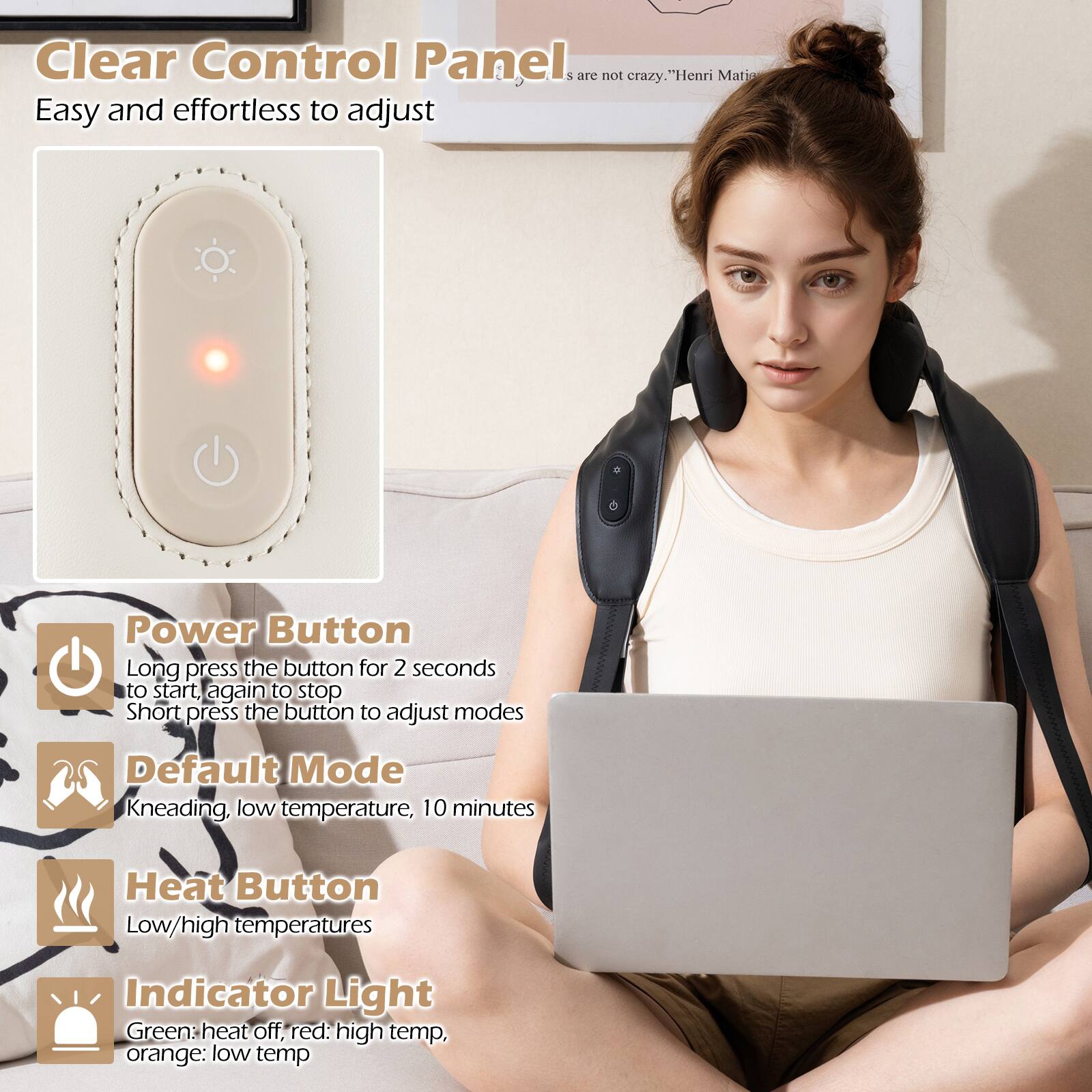 Clear Control Panel  
Easy and effortless to adjust

Power Button  
Long press the button for 2 seconds to start, again to stop  
Short press the button to adjust modes

Default Mode  
Kneading, low temperature, 10 minutes

Heat Button  
Low/high temperatures

Indicator Light  
Green: heat off, red: high temp, orange: low temp